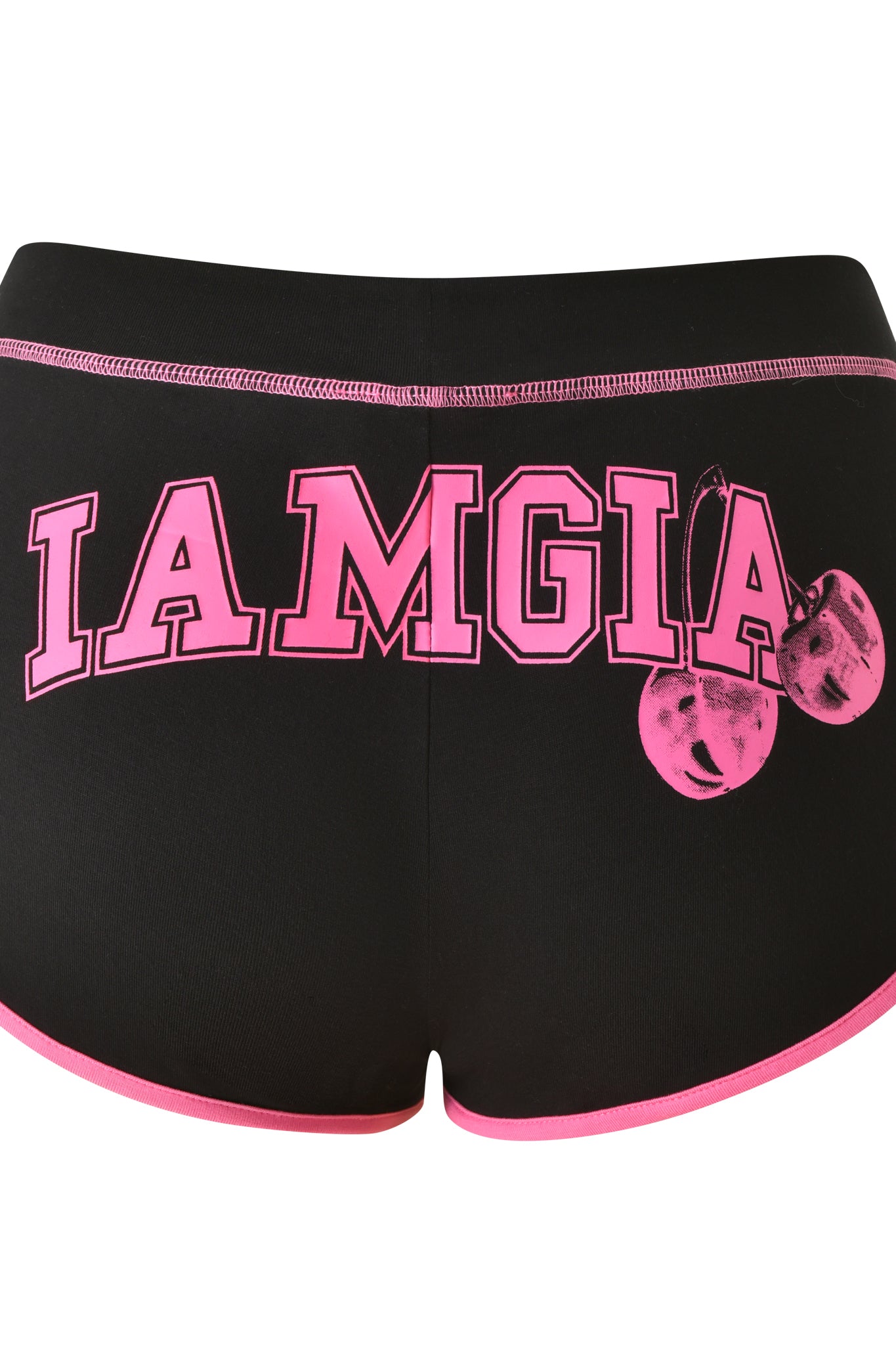 Black BLARE DOLPHIN SHORT by I.AM.GIA, featuring pink trim, bold pink "I.AM.GIA" lettering, and a cherry graphic on the right—ideal as trendy summer beachwear or stylish bamboo dolphin shorts.