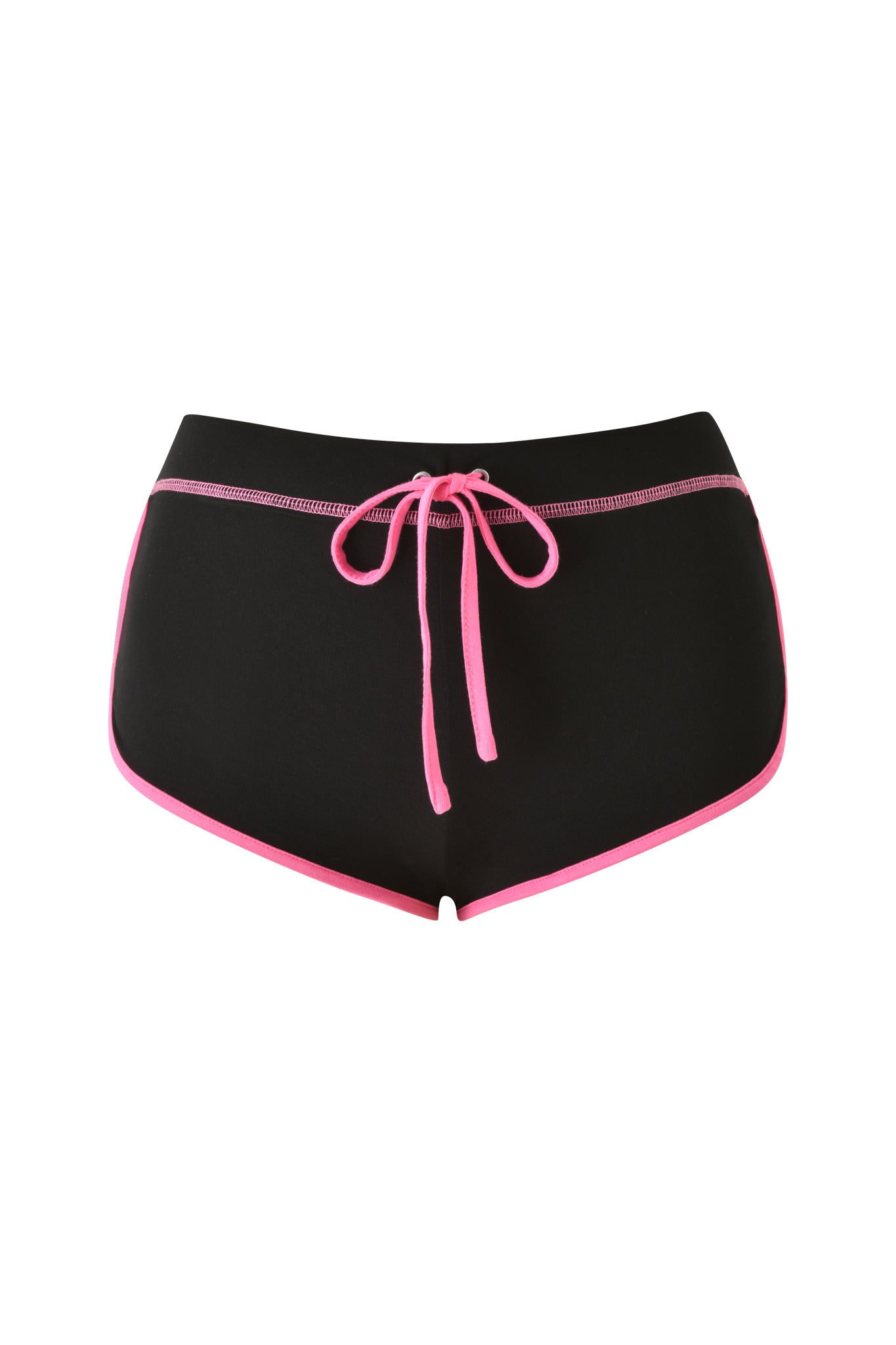 The I.AM.GIA BLARE DOLPHIN SHORT in black features pink trim and a pink drawstring at the waist, making it perfect for summer beachwear, and is displayed on a plain white background.