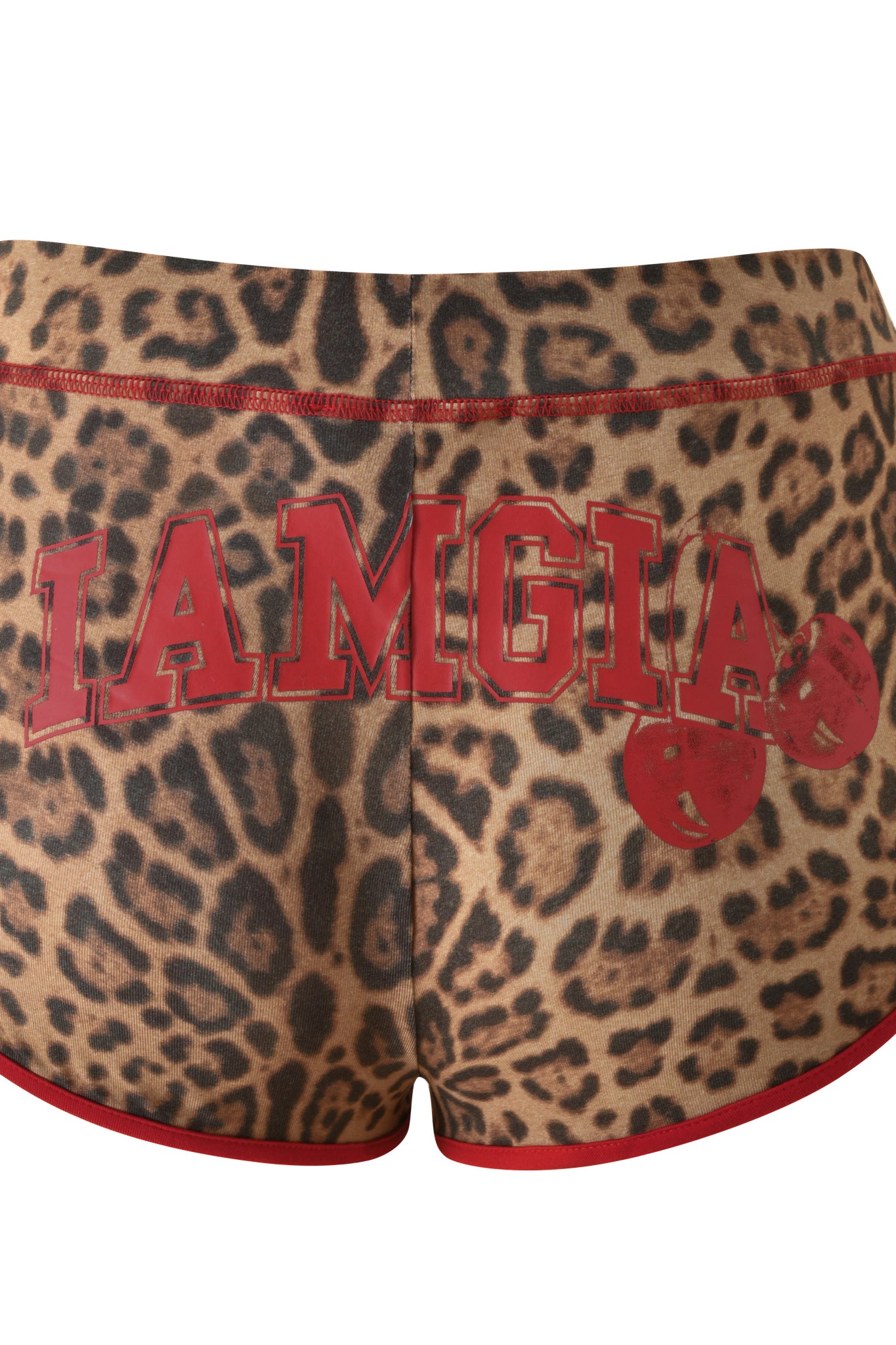 Back view of the BLARE DOLPHIN SHORT - PANTHERA by I.AM.GIA, featuring a panthera print with vibrant red trim, bold "IAMGIA" lettering, and two red cherries on the right side—perfect for making a statement at the beach this summer.