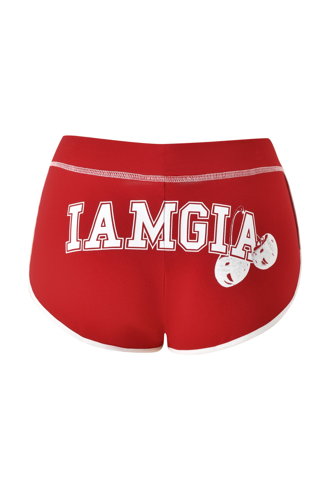Introducing the BLARE DOLPHIN SHORT - RED by I.AM.GIA: vibrant red mini dolphin shorts with contrasting white trim, showcasing bold white "I AM GIA" lettering across the back alongside a playful pair of cherries—ideal for making a statement at the beach this summer.