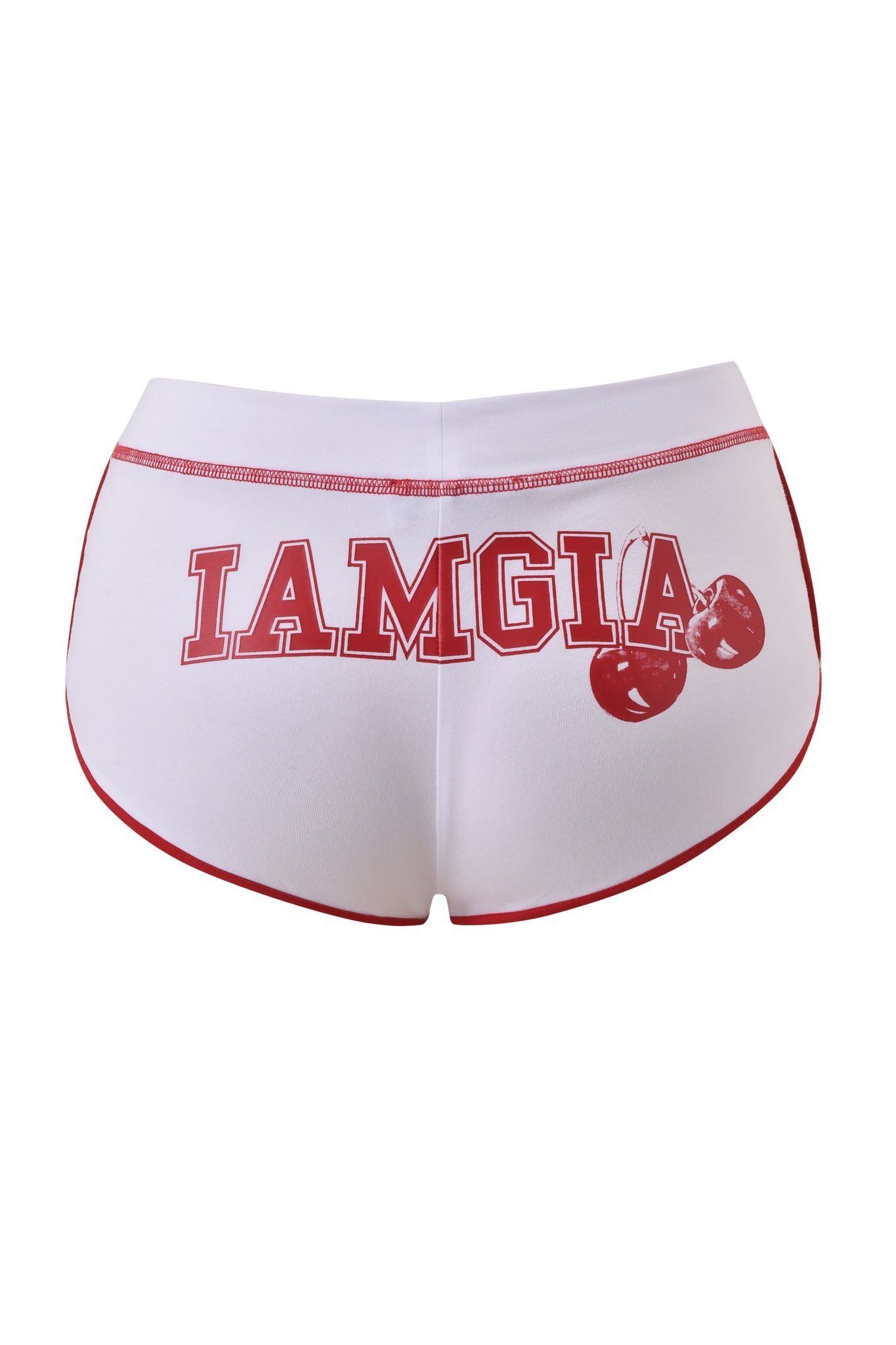 The BLARE DOLPHIN SHORT - WHITE by I.AM.GIA features red trim, the bold I.AM.GIA logo on the back, and two red cherry graphics on the right side.