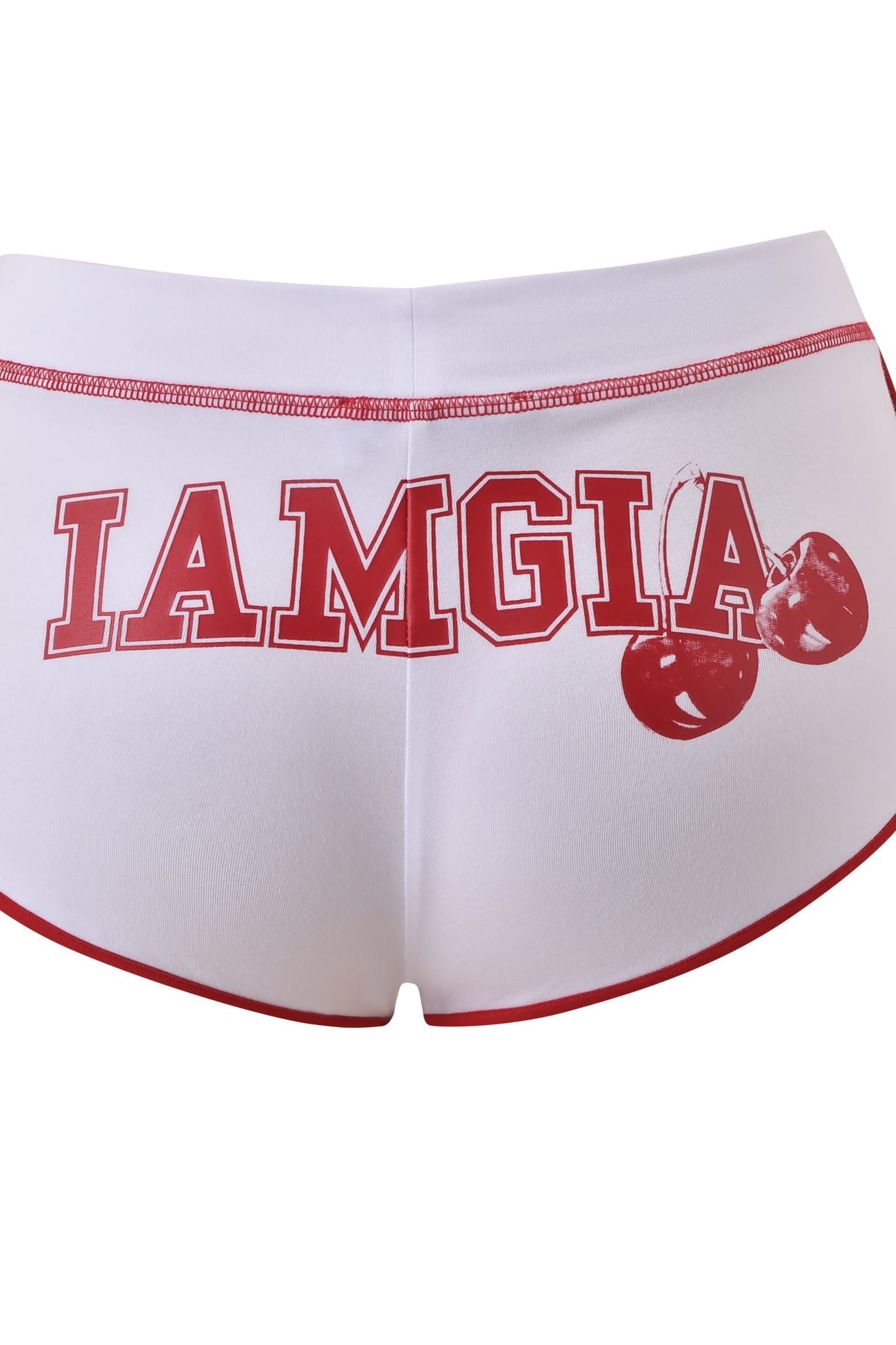 The BLARE DOLPHIN SHORT - WHITE by I.AM.GIA are classic white mini shorts with red trim, bold red "IAMGIA" across the back, and two illustrated cherries—drawing inspiration from vintage bamboo dolphin shorts.