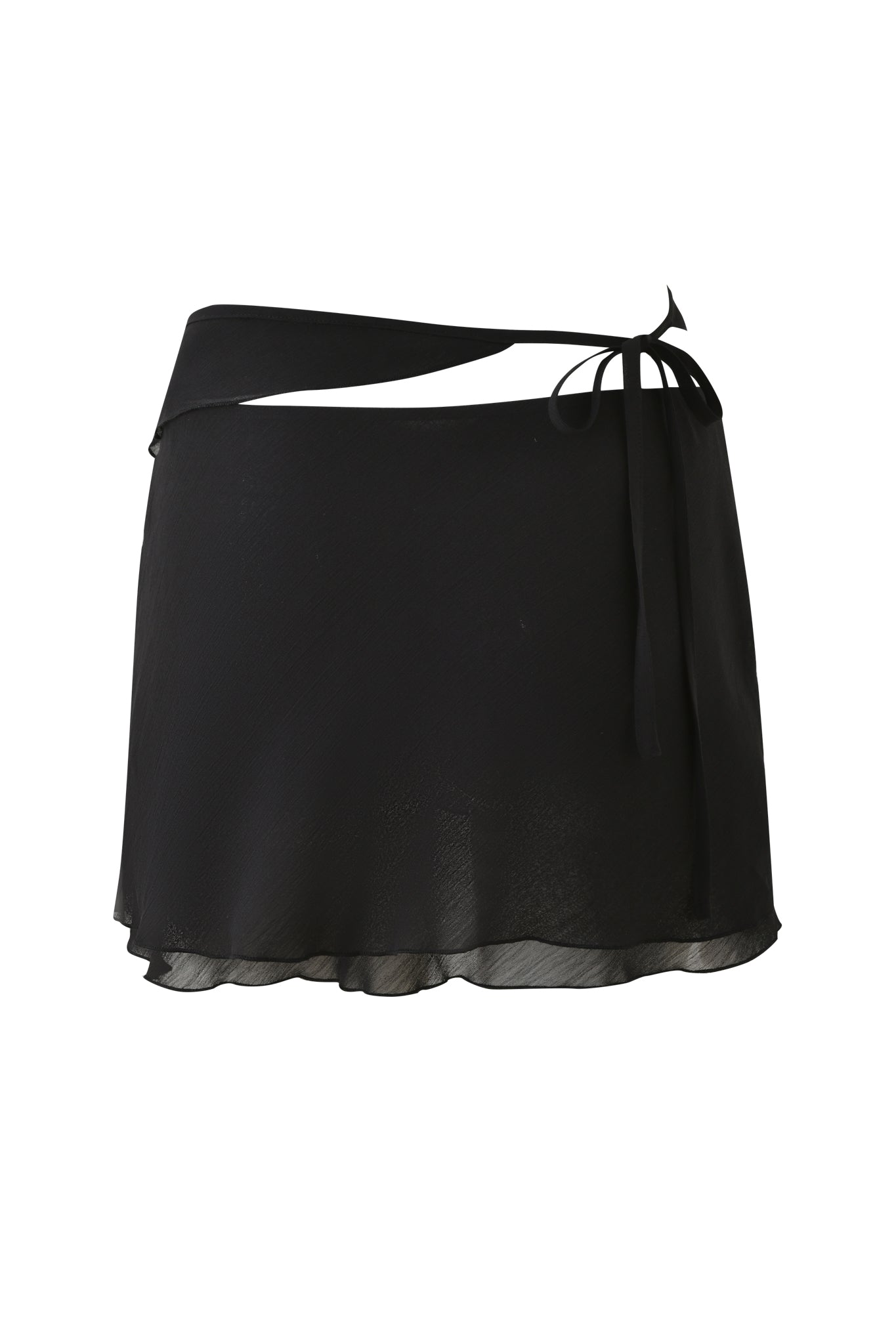 The PORTIA RUFFLE MINI SKIRT by I.AM.GIA is a black georgette wrap mini skirt with a sheer texture, tie waist, and slightly ruffled hem, falling above the knee for an elegant, ballet-inspired style.