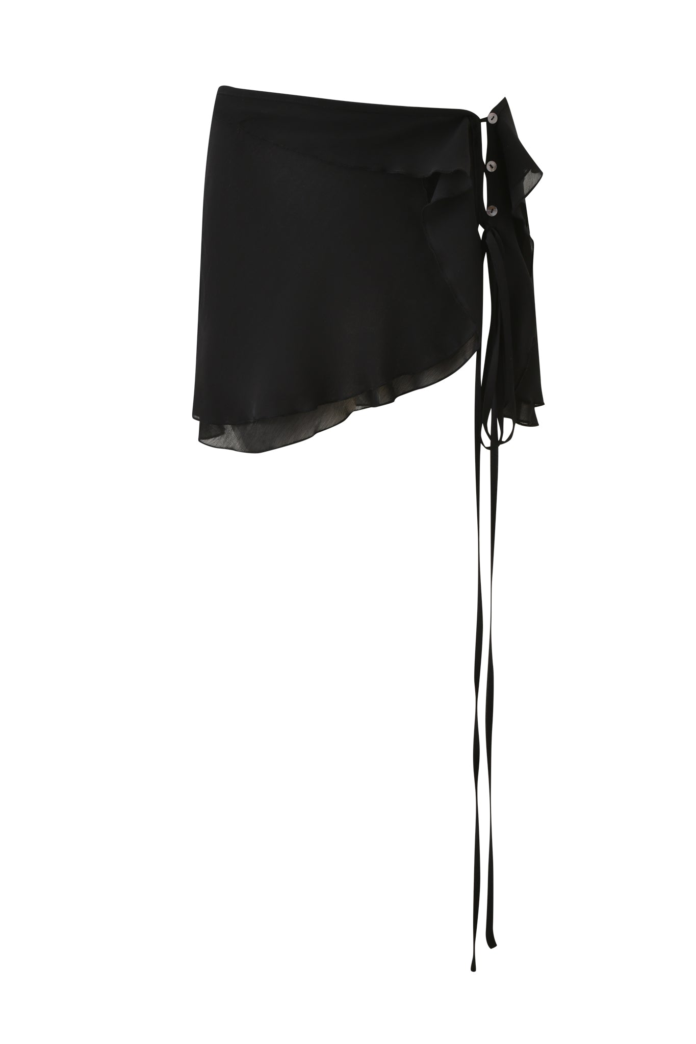 The I.AM.GIA PORTIA RUFFLE MINI SKIRT in black georgette features an asymmetrical mini length, side buttons, long right-side ties, and an uneven hem for a modern look.