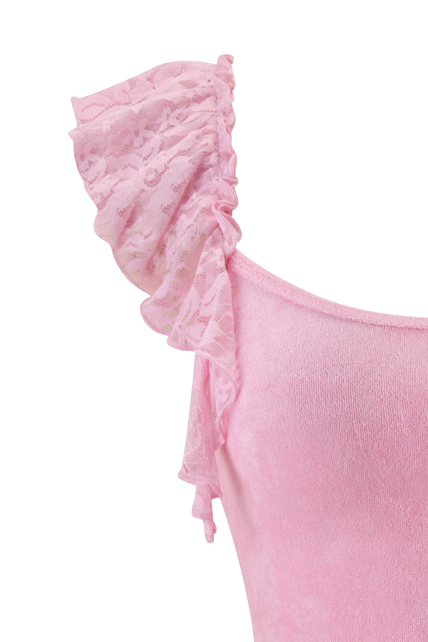 Close-up of the I.AM.GIA BRIELLE TERRY MINI DRESS - PINK, featuring a ruffled, lace-trimmed shoulder strap and soft terry fabric, with emphasis on the delicate lace ruffle and curved neckline.