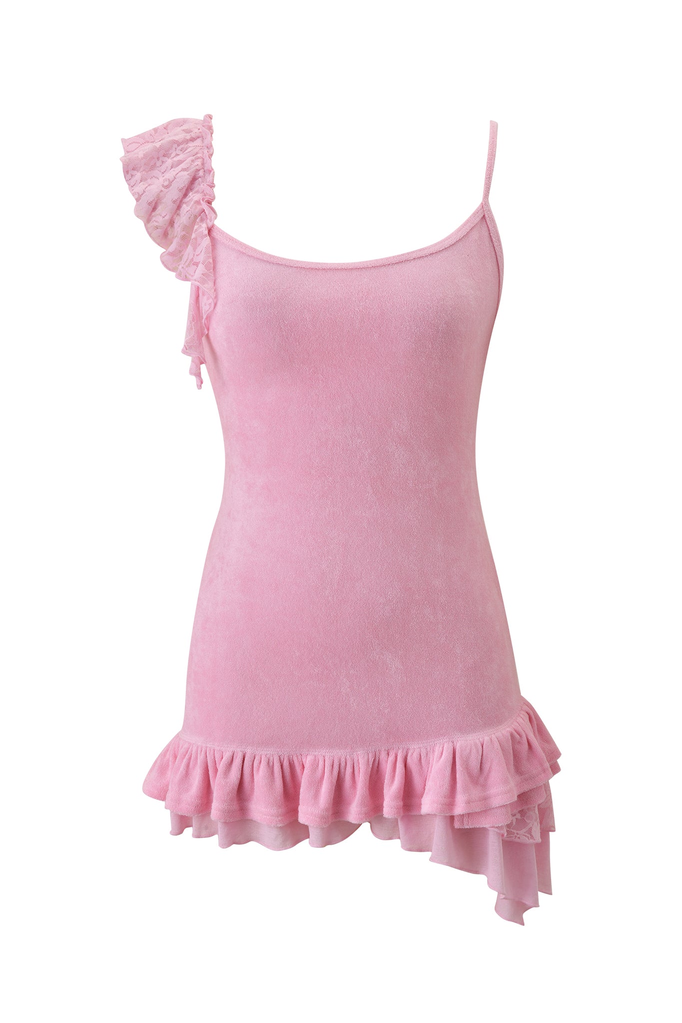 The BRIELLE TERRY MINI DRESS by I.AM.GIA is a pink, sleeveless mini dress with one spaghetti strap, one ruffled shoulder strap, lace ruffle detail, and an asymmetrical layered ruffled hem.