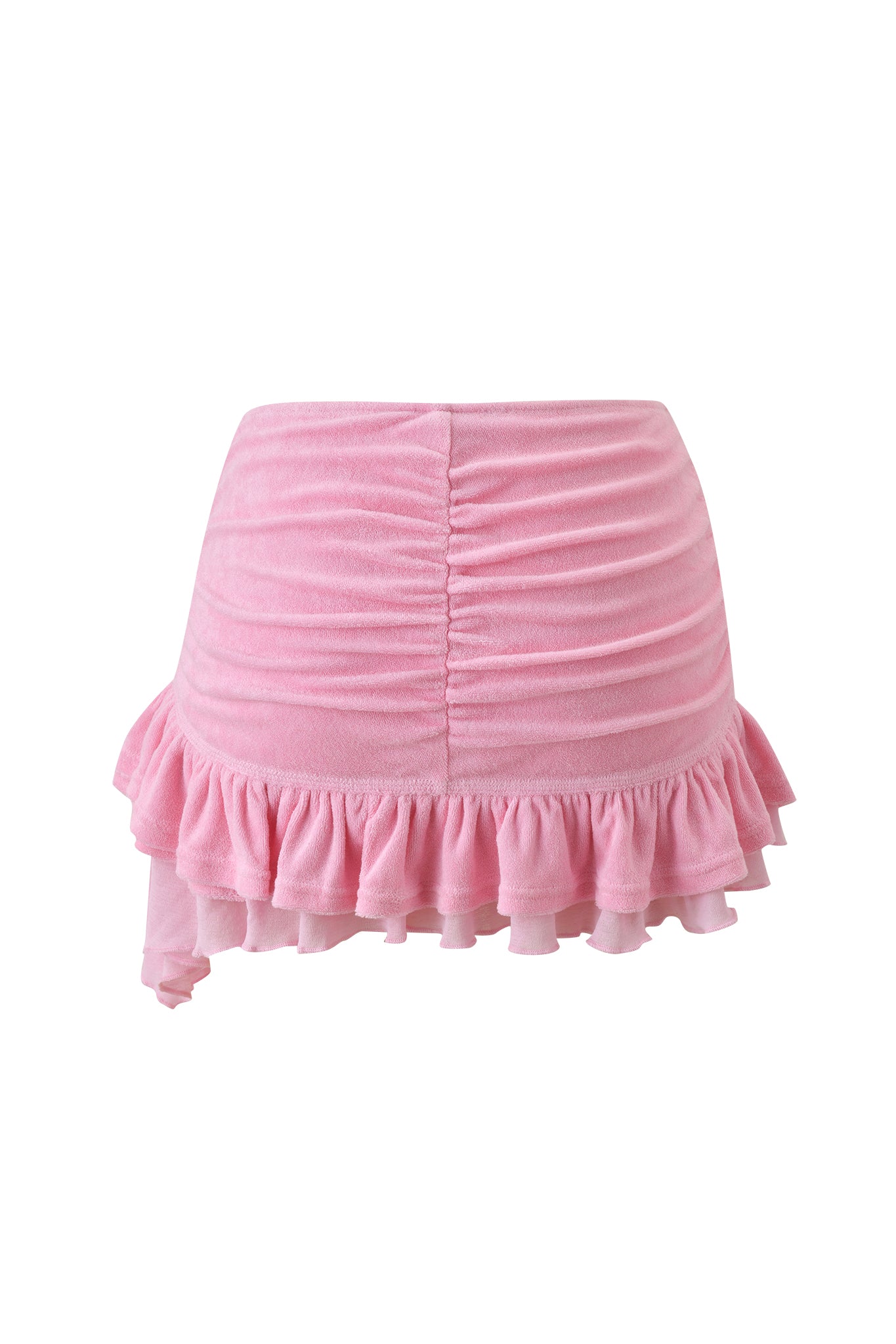 The BRIELLE TERRY MINI SKIRT - PINK by I.AM.GIA features ruched terry fabric, a ruffled hem, and an asymmetrical cut on the left side.