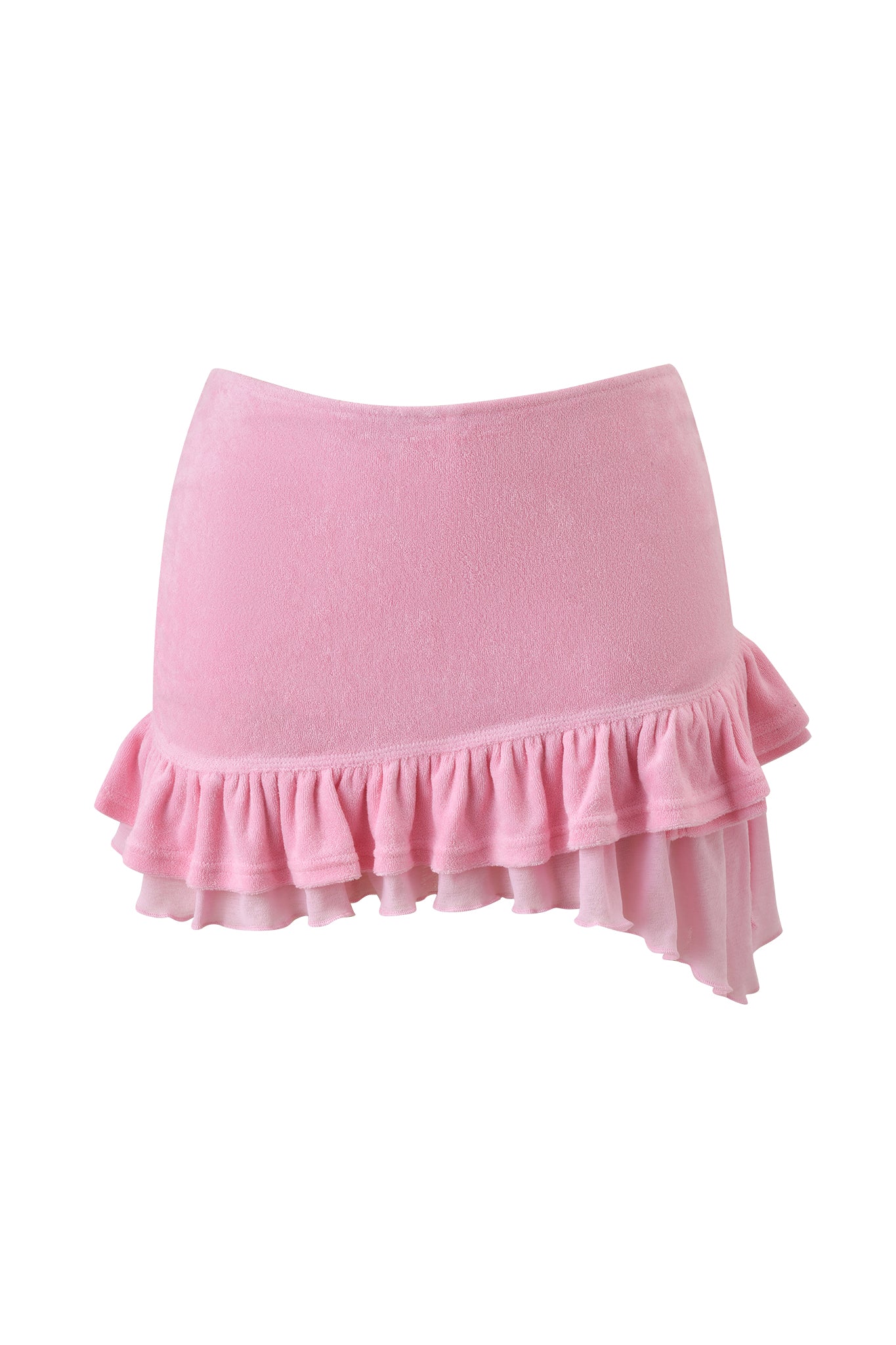 The I.AM.GIA BRIELLE TERRY MINI SKIRT in pink features a light pink hue, ruffled hem, and asymmetrical design with one longer, sheer-layered side for a playful, modern touch.