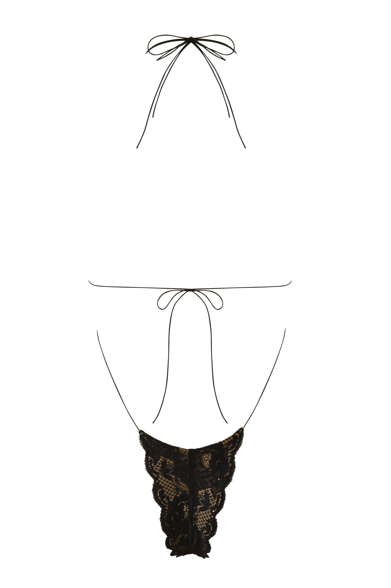 The image shows the AMBER LACE BODYSUIT - BLACK by I.AM.GIA, a black halter neck lace bodysuit with thin string ties, low-cut scalloped lace front, and cheeky cut, displayed on a plain white background.