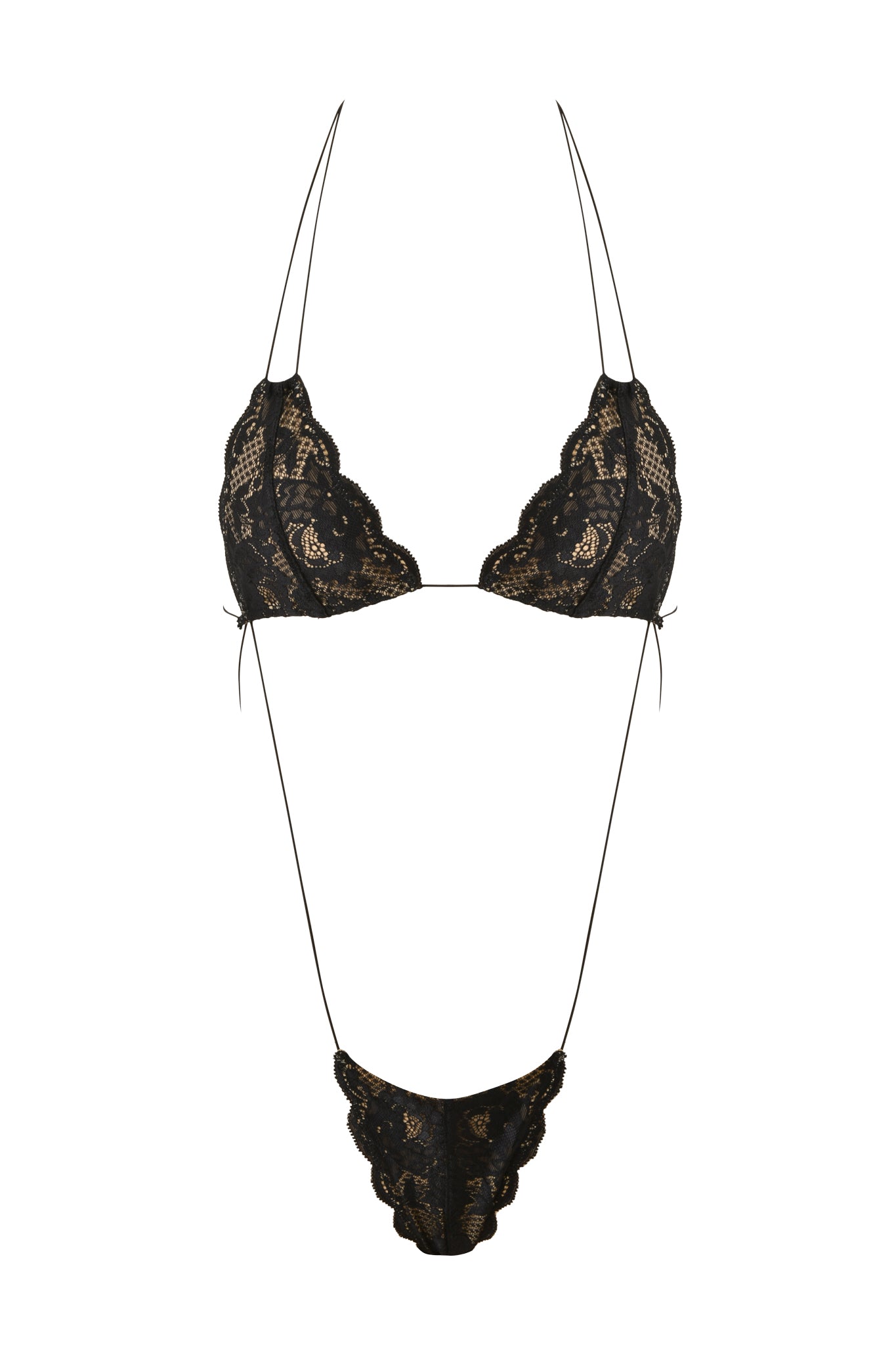 The I.AM.GIA AMBER LACE BODYSUIT in black features scalloped lace with thin straps, displayed on a white background.
