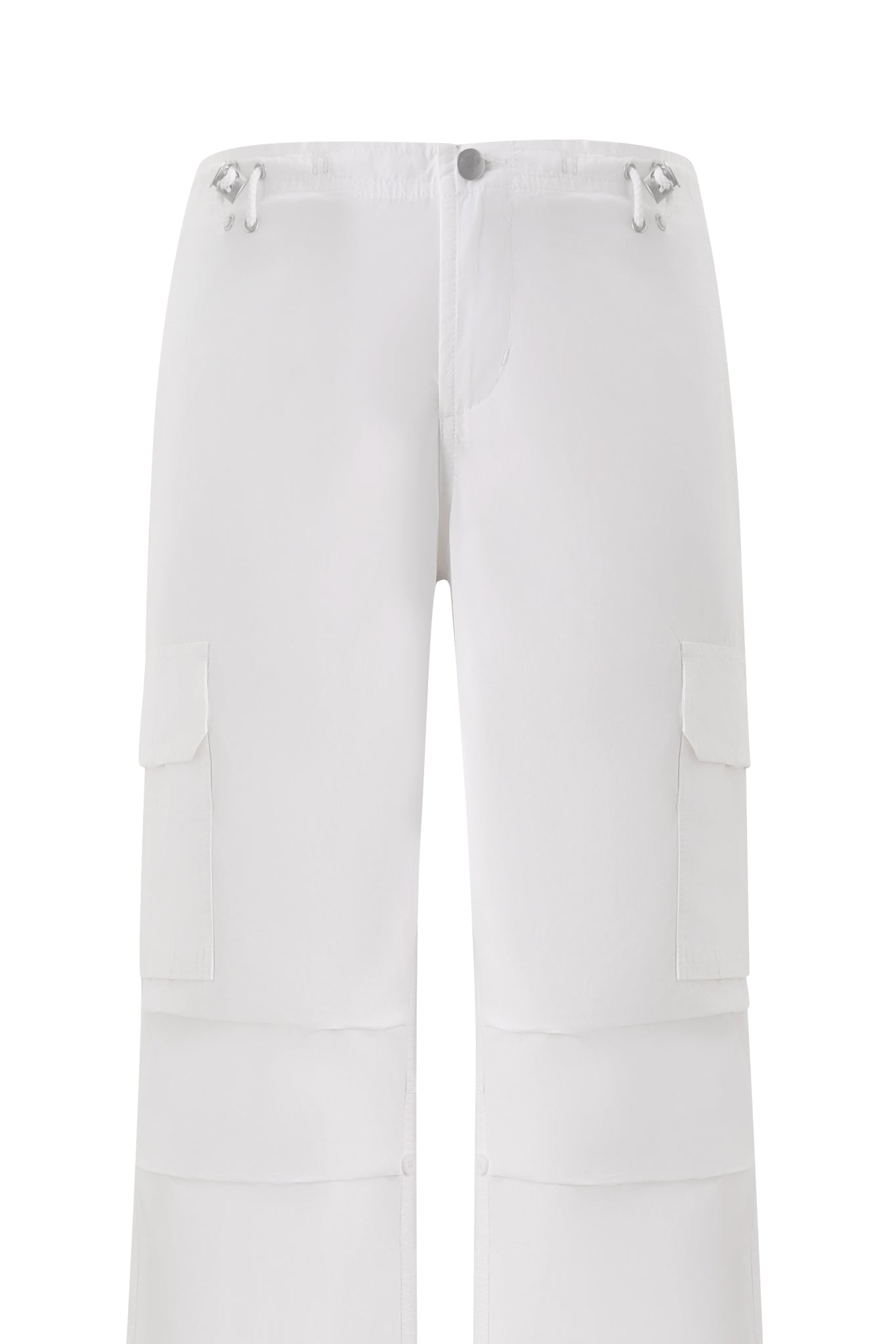 The IVANA CARGO PANT - WHITE by I.AM.GIA features a baggy, straight-leg fit, elastic waistband with adjustable drawstrings, front button closure, and flap side pockets for a minimal, oversized cargo style.