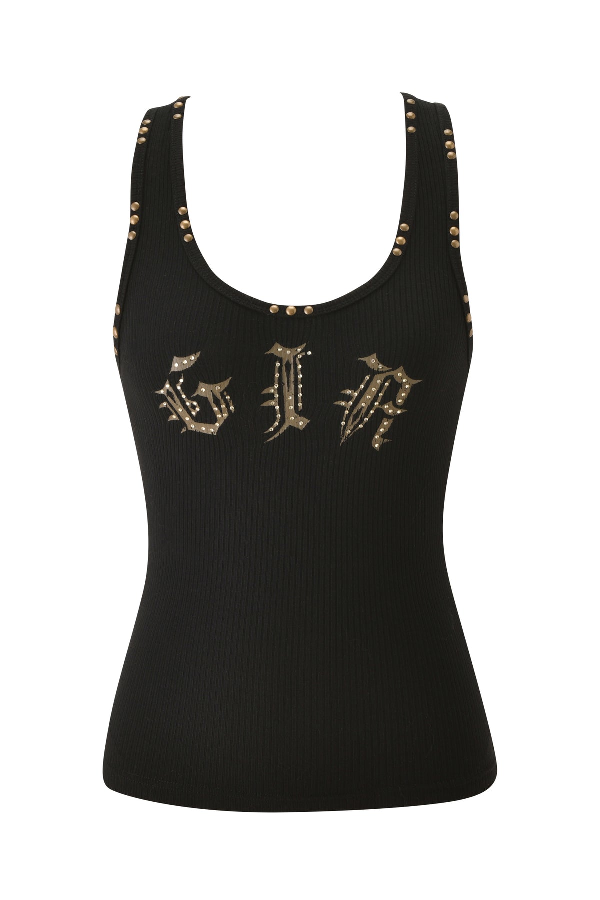 INA TANK - BLACK ribbed tank top featuring gold rhinestone embellishments along the straps and neckline, with stylized lettering on the chest.