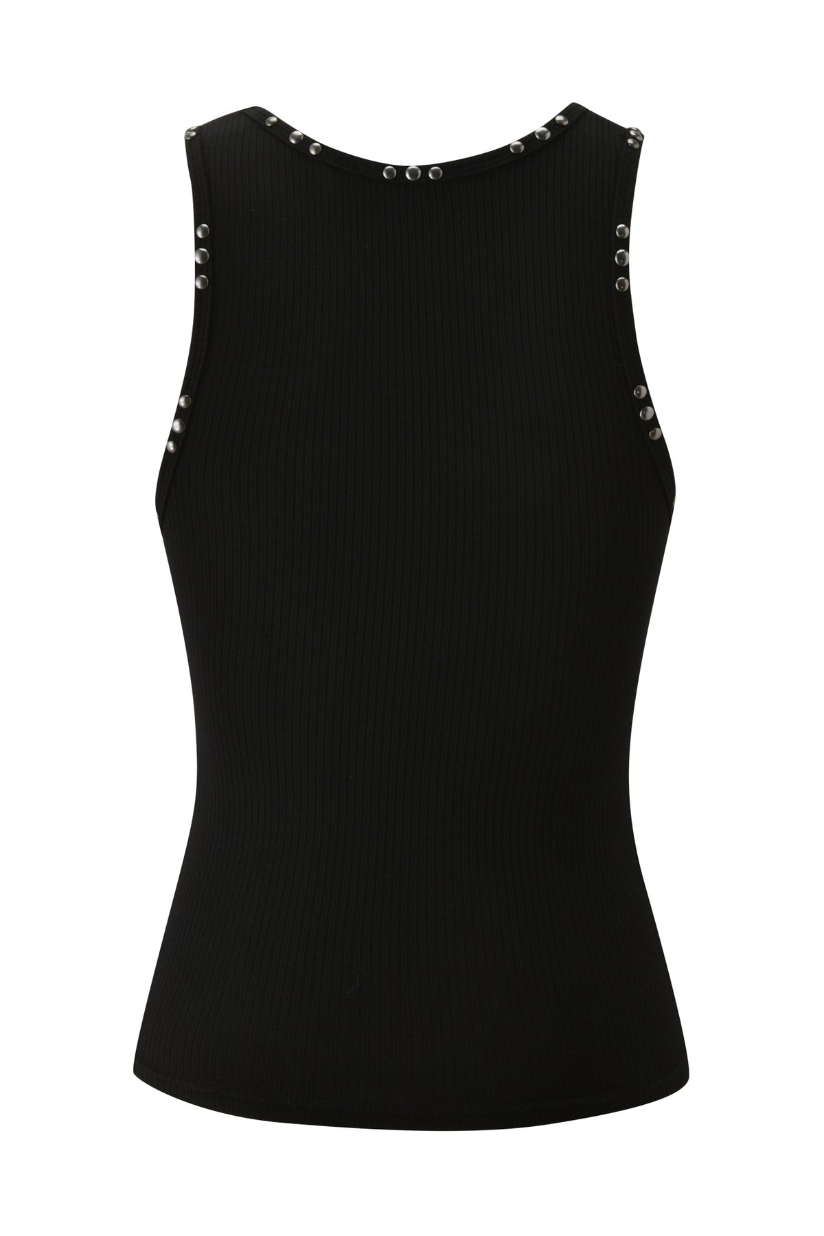Sleeveless I.AM.GIA T-REX INA TANK - BLACK shown from the back, with silver grommet details along the neckline and armholes in a racer-style silhouette.