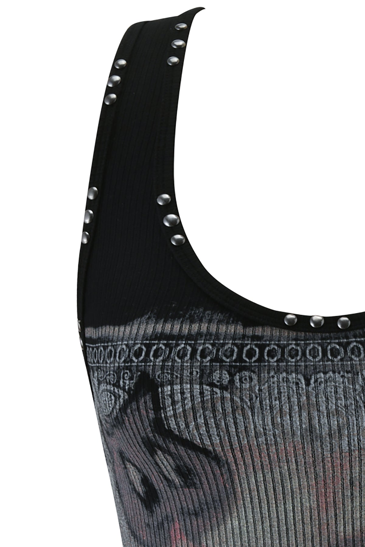 Close-up of the T-REX INA TANK - BLACK by I.AM.GIA, a black ribbed tank top with metallic studs at the neckline and an abstract gray and black graphic print.