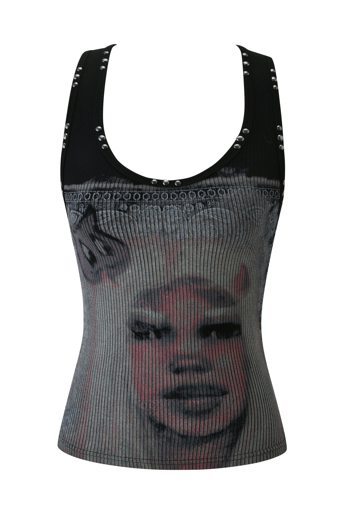 The T-REX INA TANK - BLACK by I.AM.GIA is a black ribbed racer-style top with metal studs at the neckline and a bold graphic print of a woman’s face in black, white, and pink.