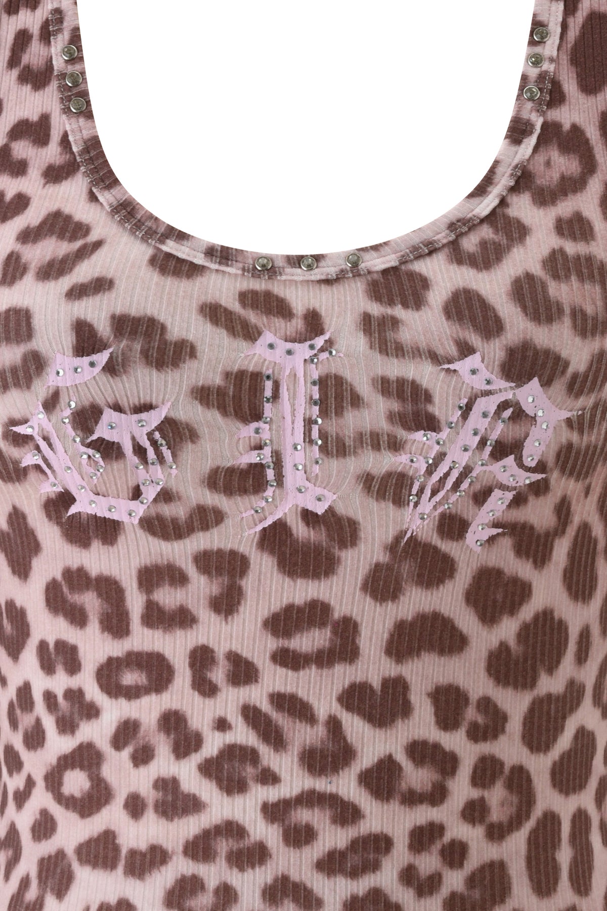 INA TANK - MAUVE LEOPARD ribbed racer tank featuring silver rhinestone studs along the neckline and pink gothic-style lettering across the chest.