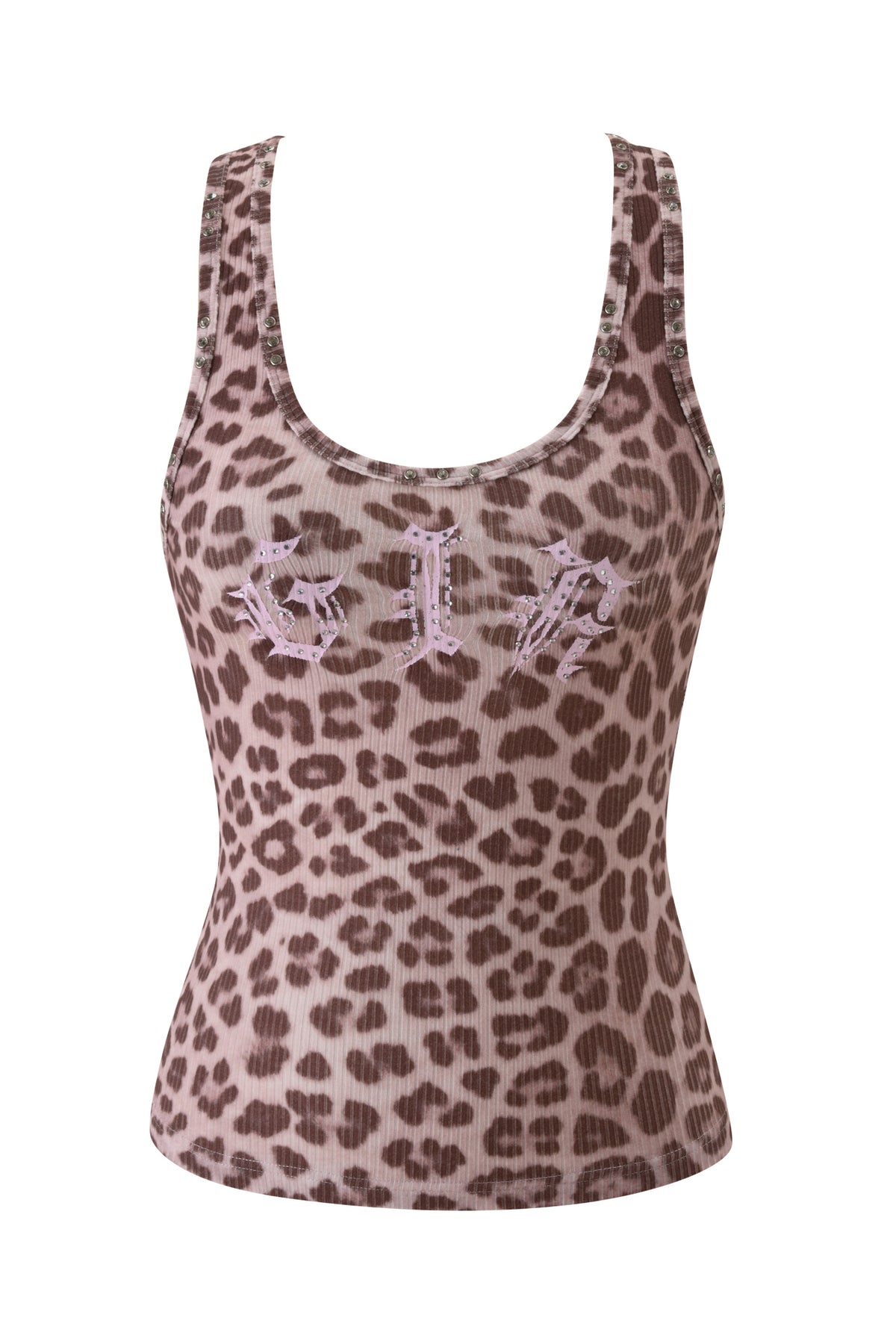 INA TANK - MAUVE LEOPARD ribbed racer tank with silver rhinestone studs on the straps and “GIA” embroidered on the chest.