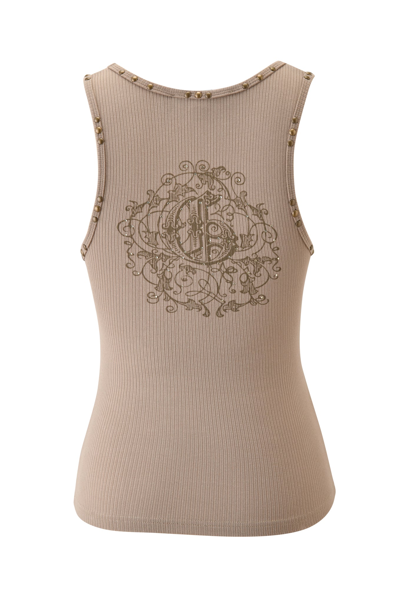 The INA TANK - MUSHROOM by I.AM.GIA is a beige ribbed racer tank featuring decorative beads on the neckline and armholes, plus an ornate embroidered monogram at the center back.