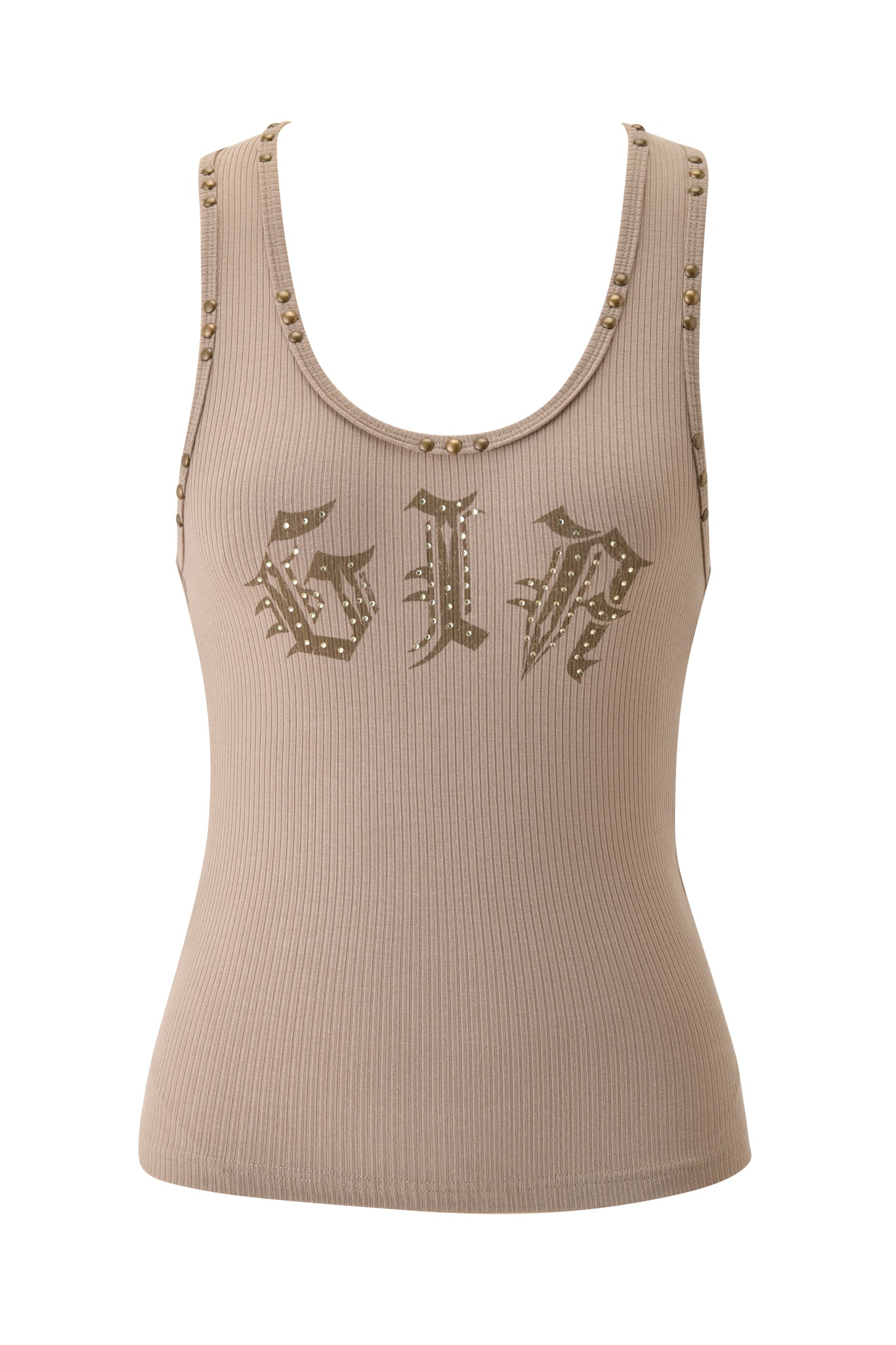 The INA TANK - MUSHROOM by I.AM.GIA features beige ribbed fabric with gold studs outlining gothic letters on the front and accenting the neckline and armholes, showcasing the brand's signature edgy style.