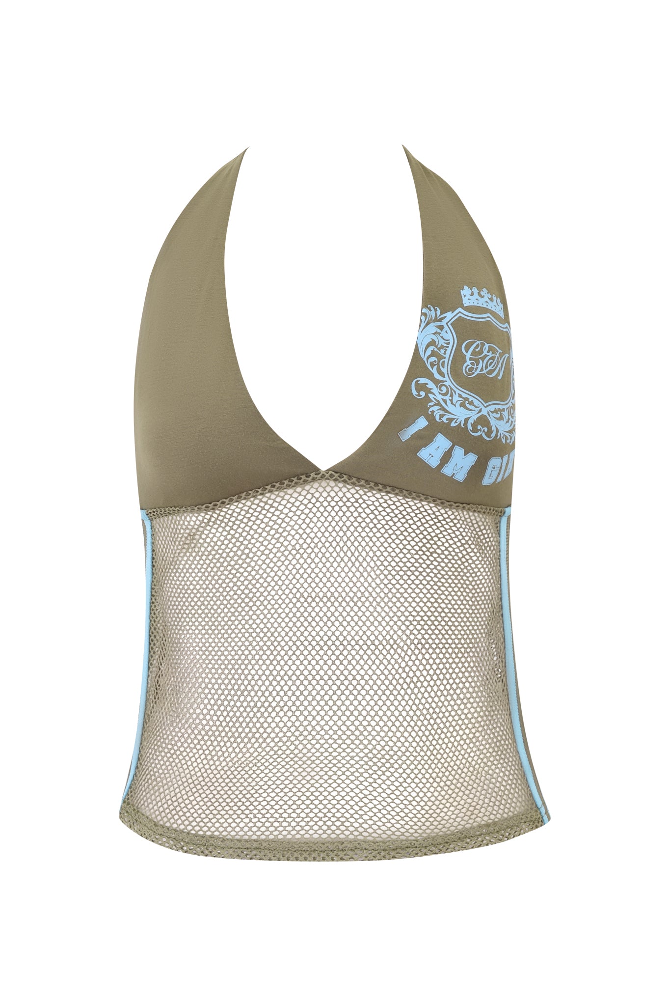 The CHANDLER TOP - GREEN by I.AM.GIA is a sleeveless army green mesh halter with a deep V-neck, blue chest graphic, and beige mesh lower half accented by blue trim along the sides and hem.