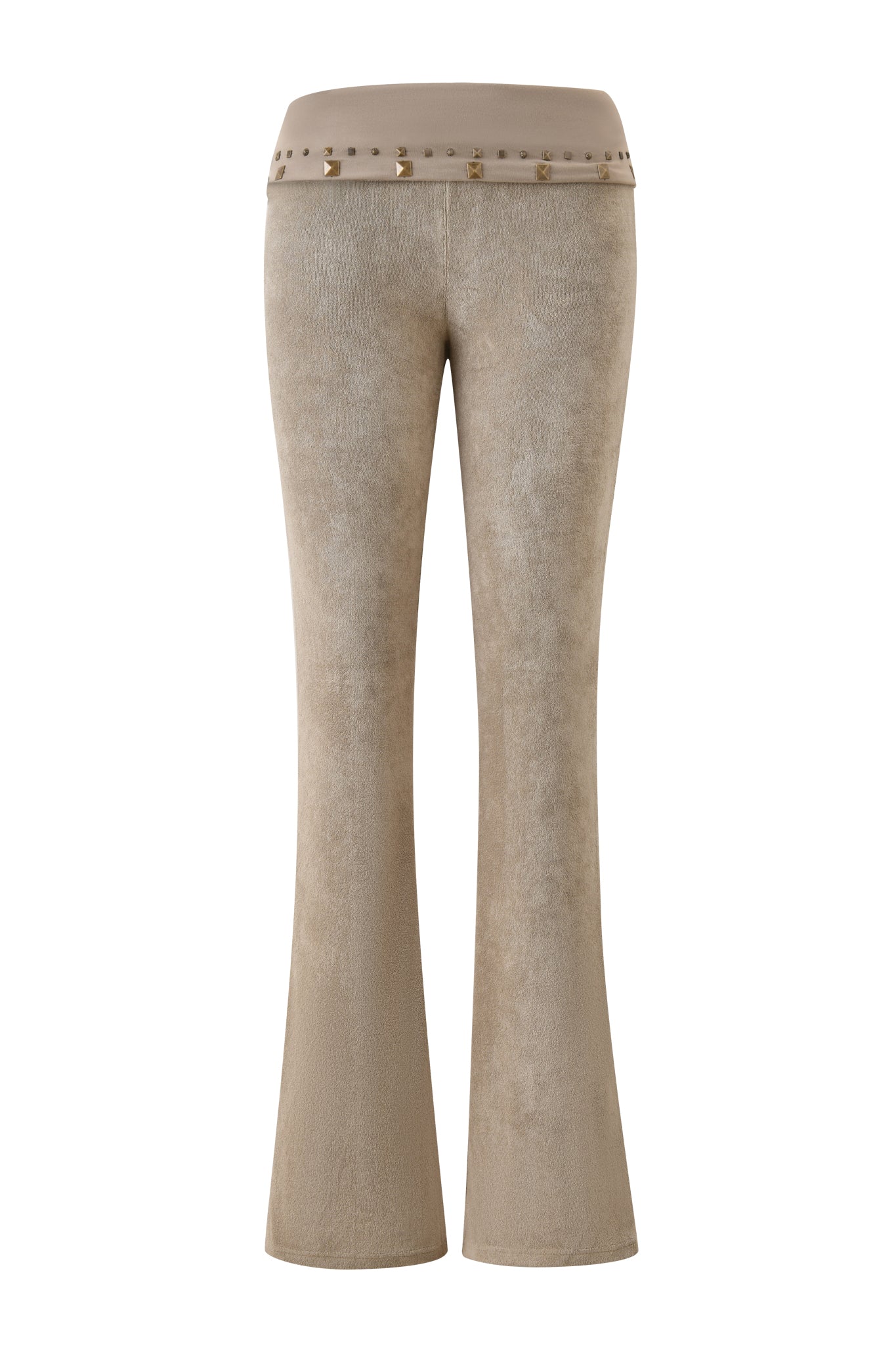 The I.AM.GIA BLARE STUDDED TERRY PANT in Stone features beige suede with a wide waistband and small square studs along the top edge, inspired by the Blare Trackpant style. Shown from the front on a white background.