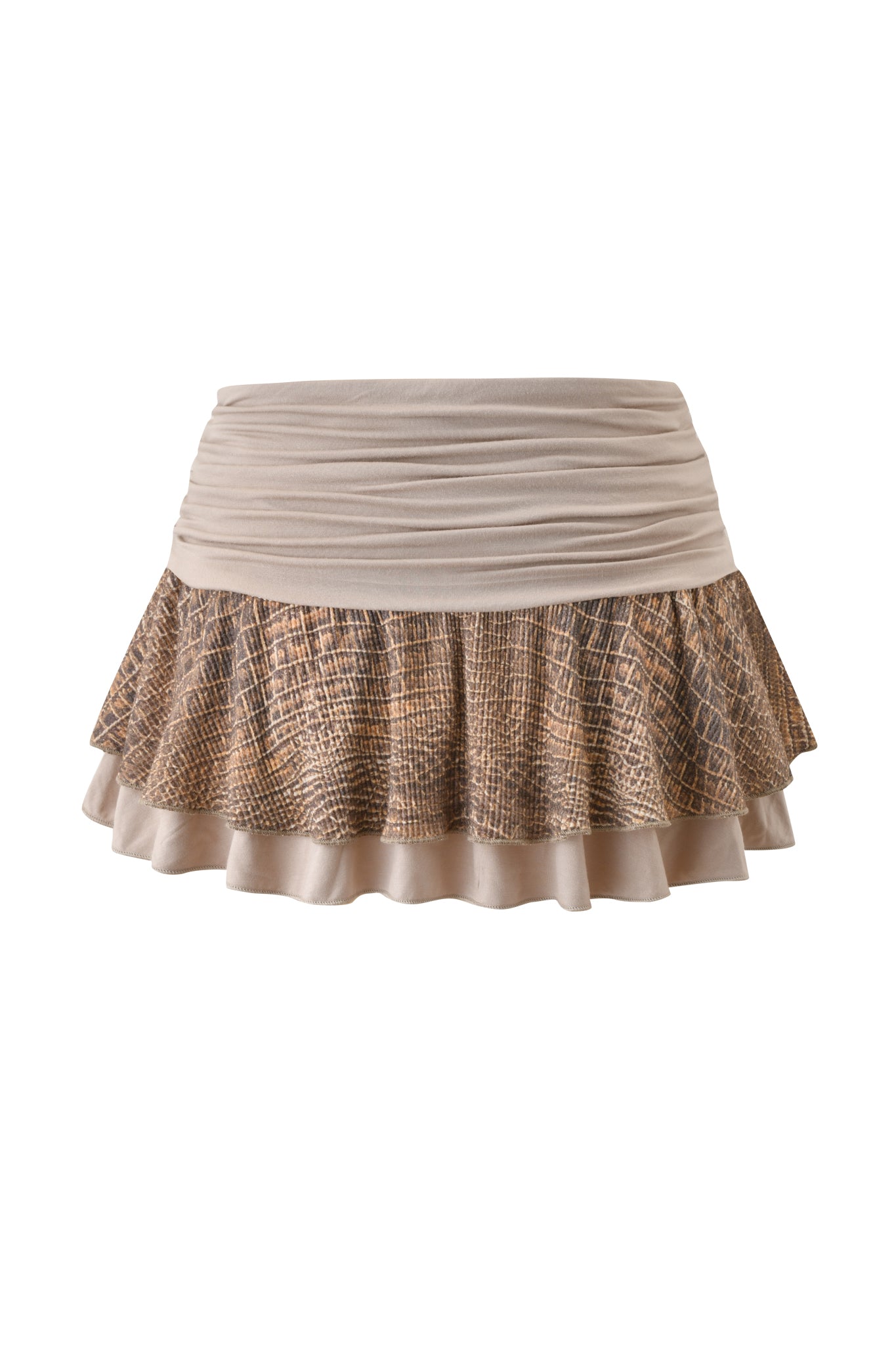 The ECHO WAFFLE MINI SKIRT - REPTILIA by I.AM.GIA features a short, layered design with a beige cotton jersey waistband, flared brown plaid pattern, ruffled hemline, and soft flowing silhouette.
