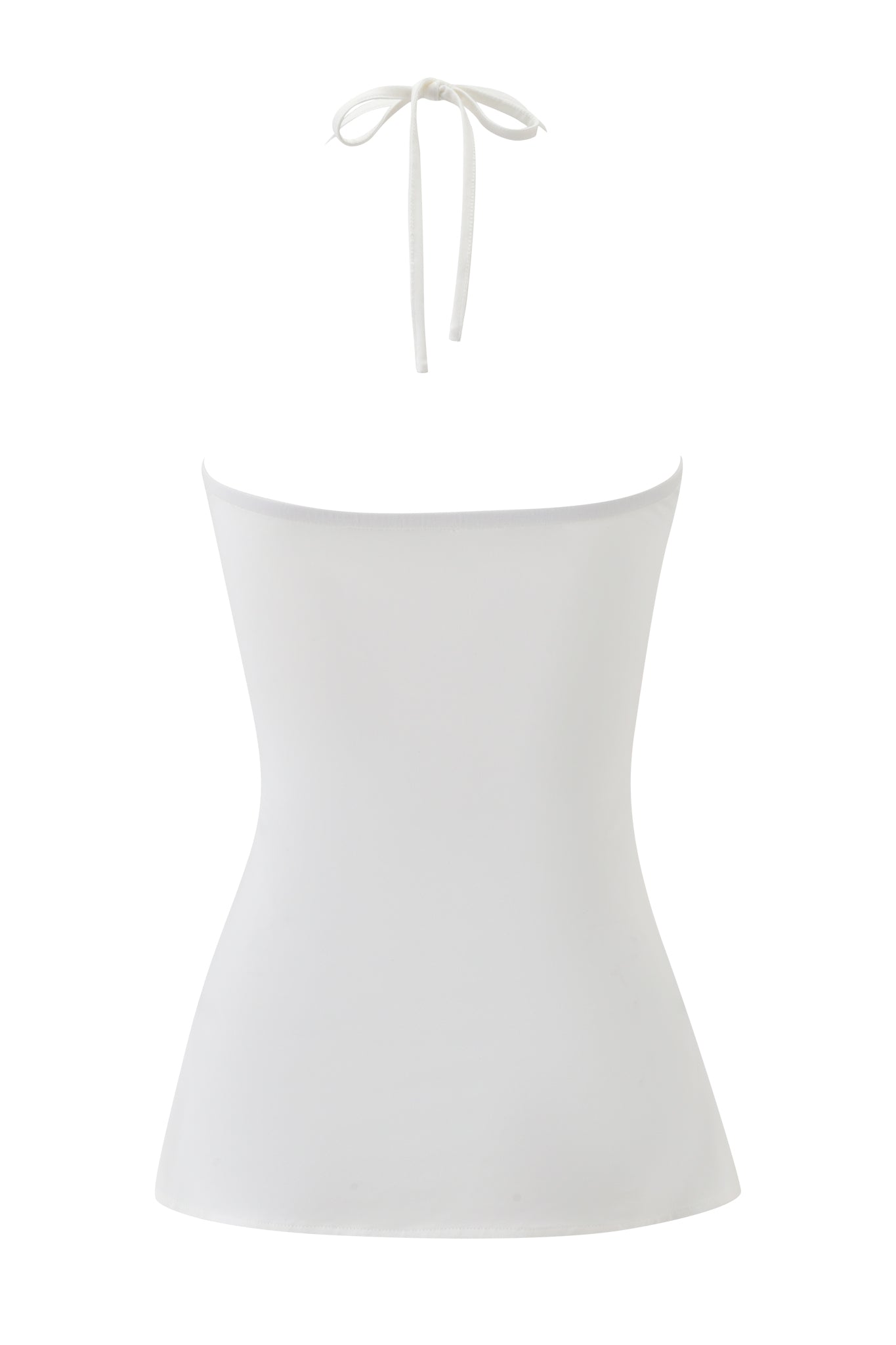 The SIGLO MACRAME TUBE TOP - WHITE by I.AM.GIA is a strapless, bodycon tube top with a halter neck tie, tapering at the waist and flaring slightly at the hem, shown against a white background.