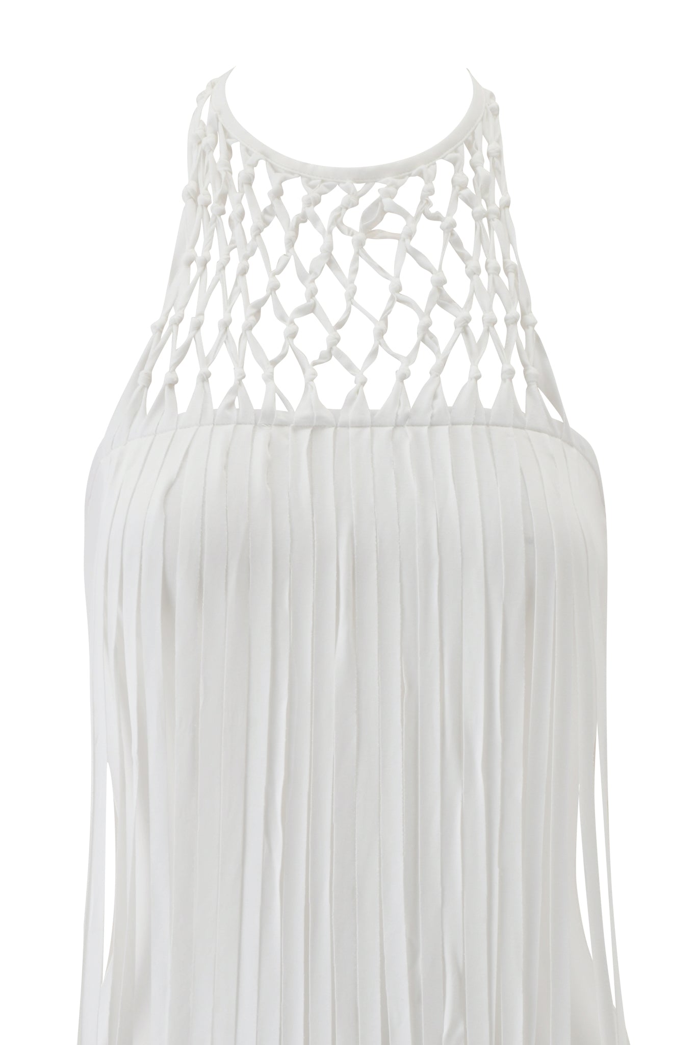 The SIGLO MACRAME TUBE TOP by I.AM.GIA in white features an intricate knotted lattice macrame design and long vertical pleats, creating a striking sleeveless look with a high neckline.