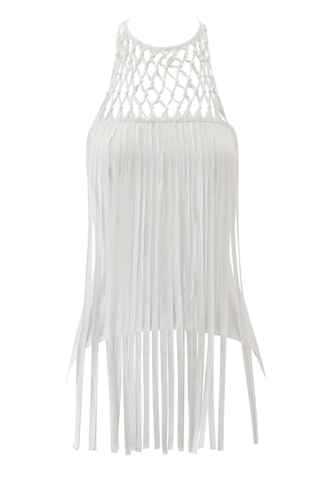 The SIGLO MACRAME TUBE TOP - WHITE by I.AM.GIA features a sleeveless design with a netted neckline and long vertical fringe, offering an airy and modern texture perfect for elevating any outfit.