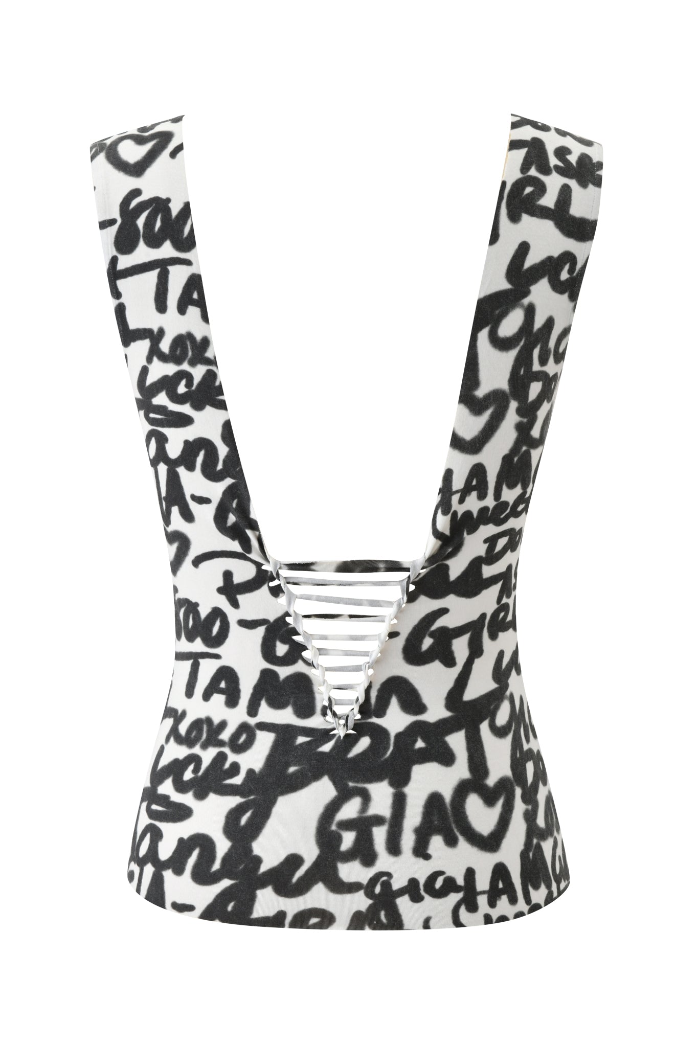 The HONEY MACRAME TOP - WRITING ON THE WALL by I.AM.GIA is a sleeveless white top with a deep V back, crisscross straps, and bold graffiti-style black writing, hearts, and playful doodles for a creative look.