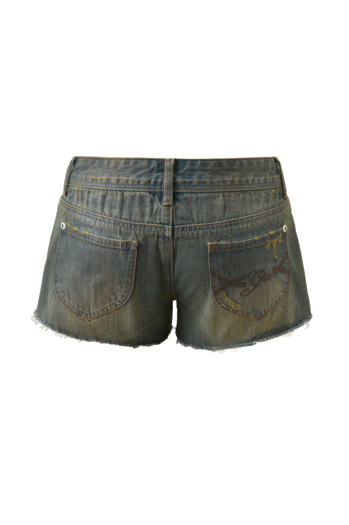 The TINSLEY SHORT - DARK DENIM by I.AM.GIA features two back pockets, decorative stitching on the right pocket, and a raw frayed hem for an edgy look.