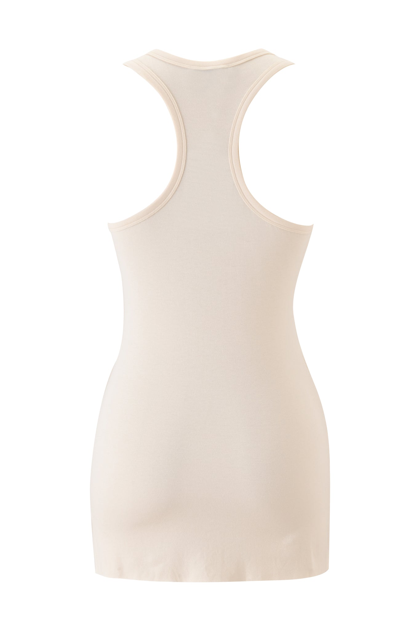 The DIAMOND 2-IN-1 MINI DRESS in cream by I.AM.GIA features a stylish sleeveless racerback design, displayed from the back against a white background.