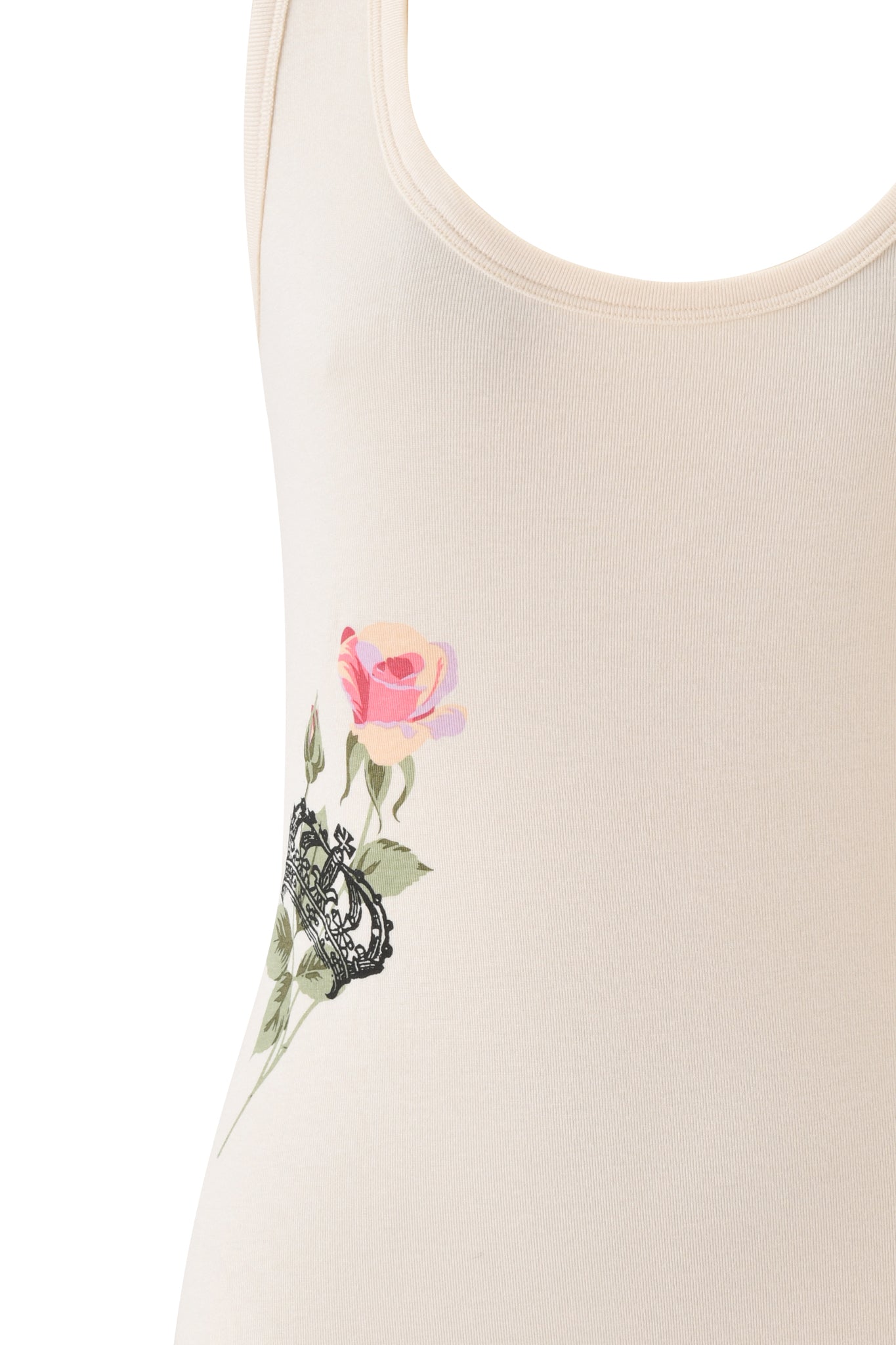 Close-up of the I.AM.GIA DIAMOND 2-IN-1 MINI DRESS in cream, featuring a pink rose with green leaves and black lace side detailing—perfect for layering under a sheer georgette dress.