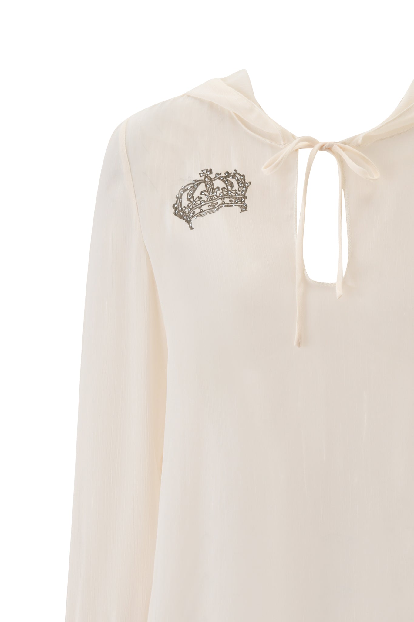 The I.AM.GIA DIAMOND 2-IN-1 MINI DRESS in cream features a front tie neckline and an embroidered crown on the left shoulder, crafted from lightweight, semi-sheer fabric reminiscent of georgette.