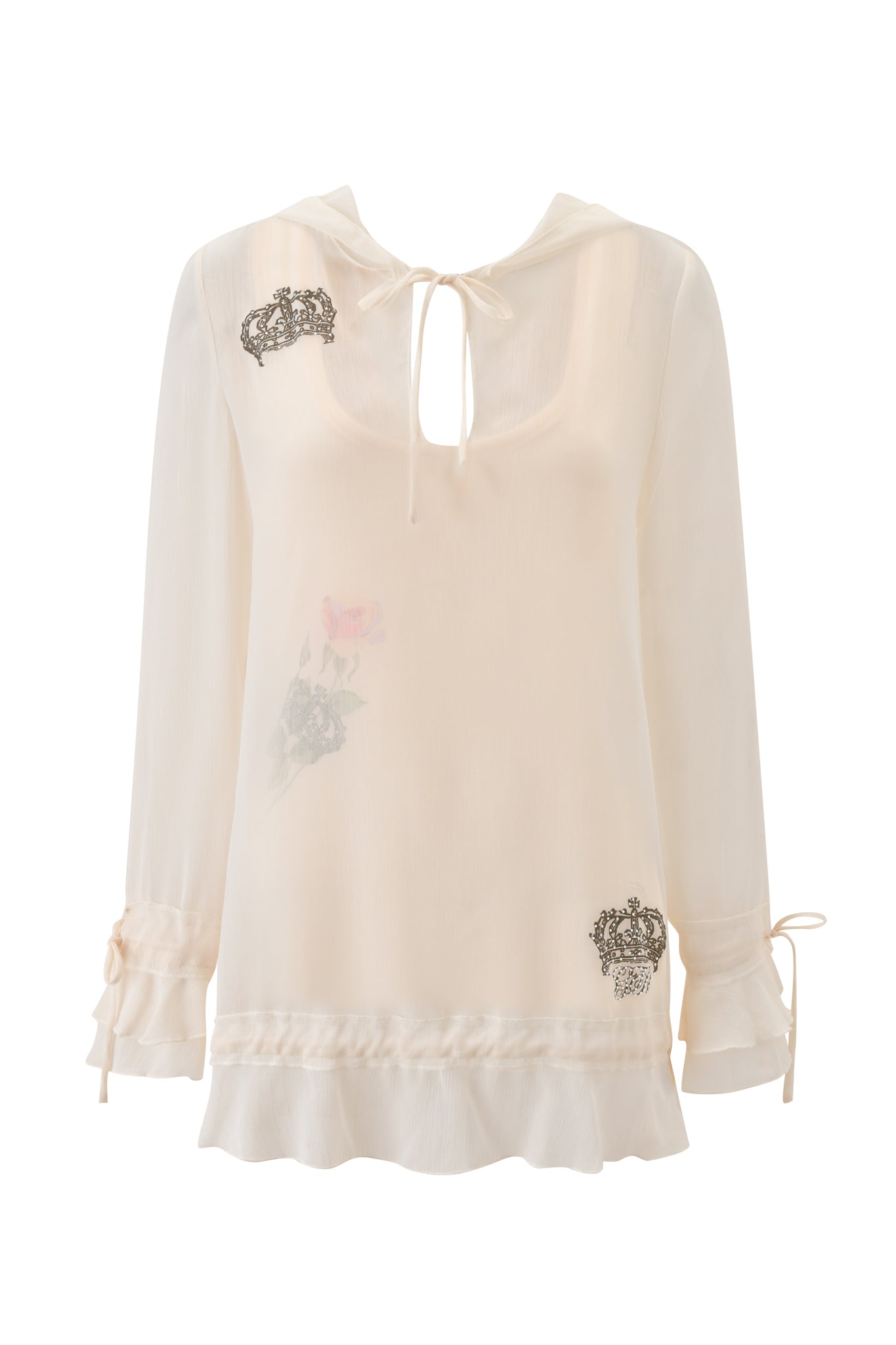The I.AM.GIA DIAMOND 2-IN-1 MINI DRESS in cream features sheer georgette, long sleeves, a tie-neck, ruffled hem, and black embroidered crown motifs with subtle floral prints for a delicately charming look.