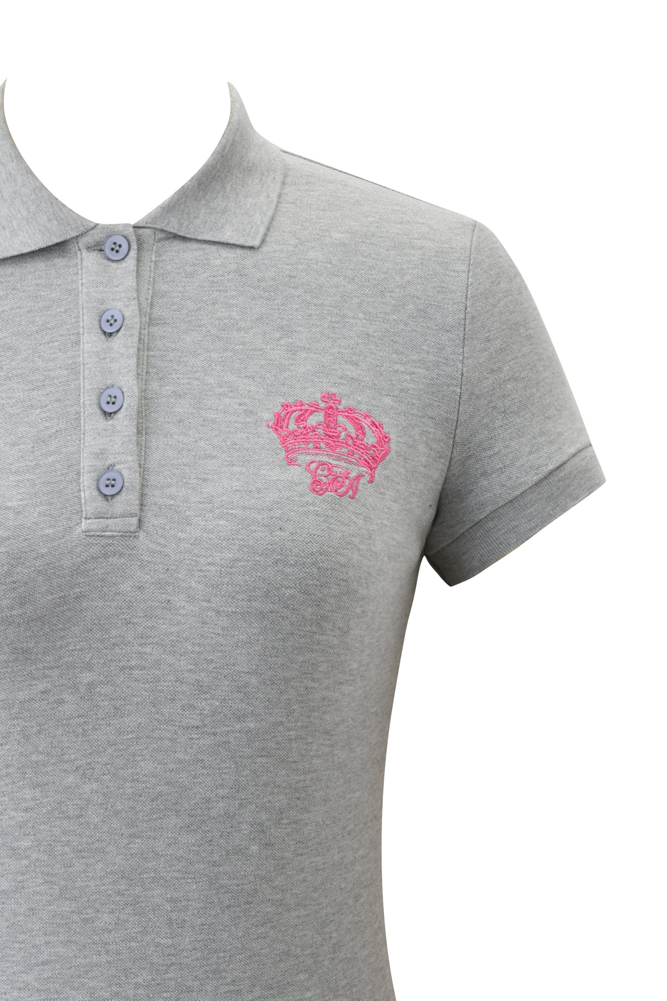 A close-up of the I.AM.GIA PAM TOP - GREY, a light grey collared short sleeve polo with four buttons and hot pink crown and text embroidery on the left chest.