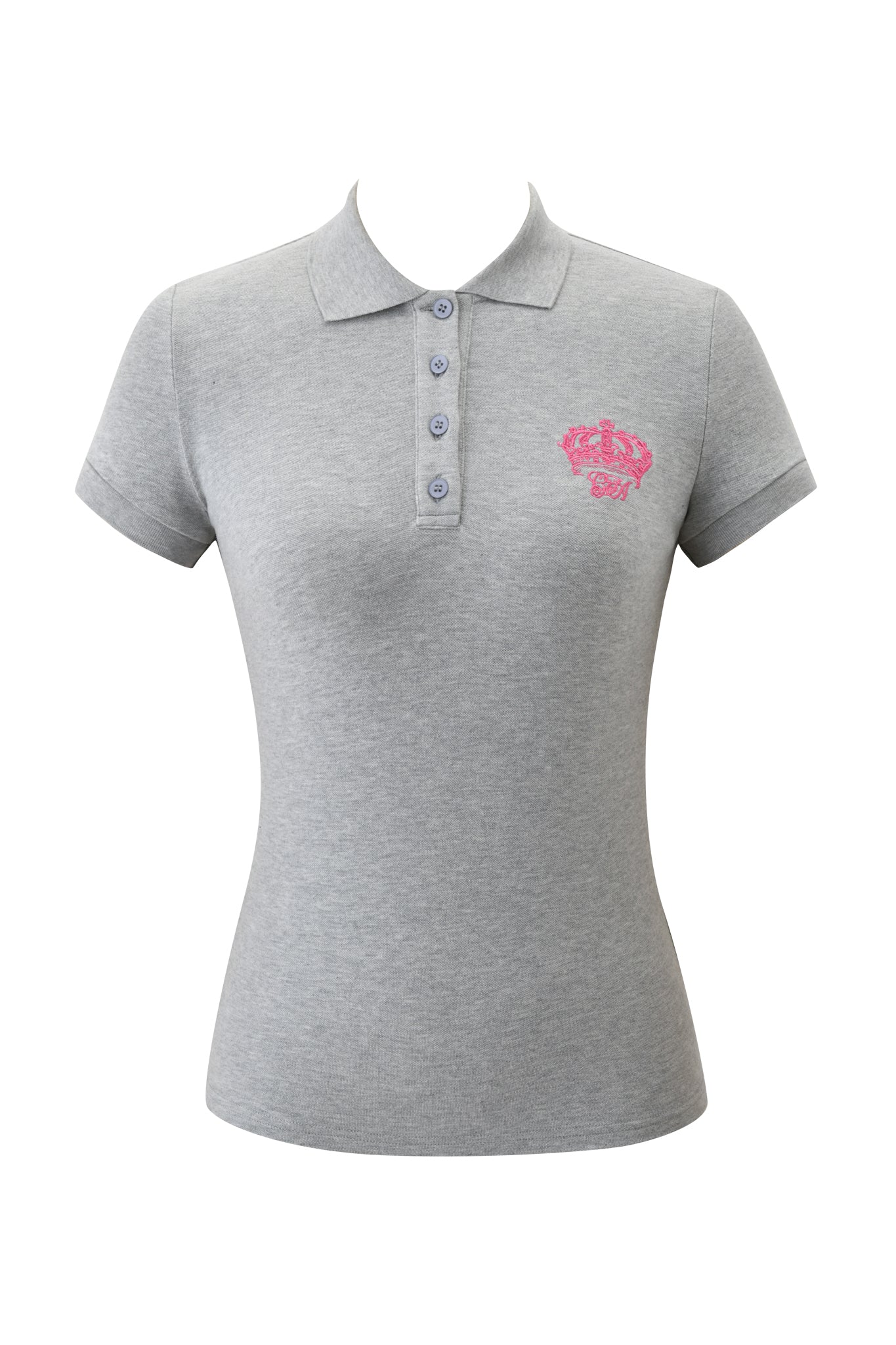 The I.AM.GIA PAM TOP - GREY is a fitted, collared short sleeve polo with buttons and hot pink crown and text embroidery on the left chest, shown on a plain white background.
