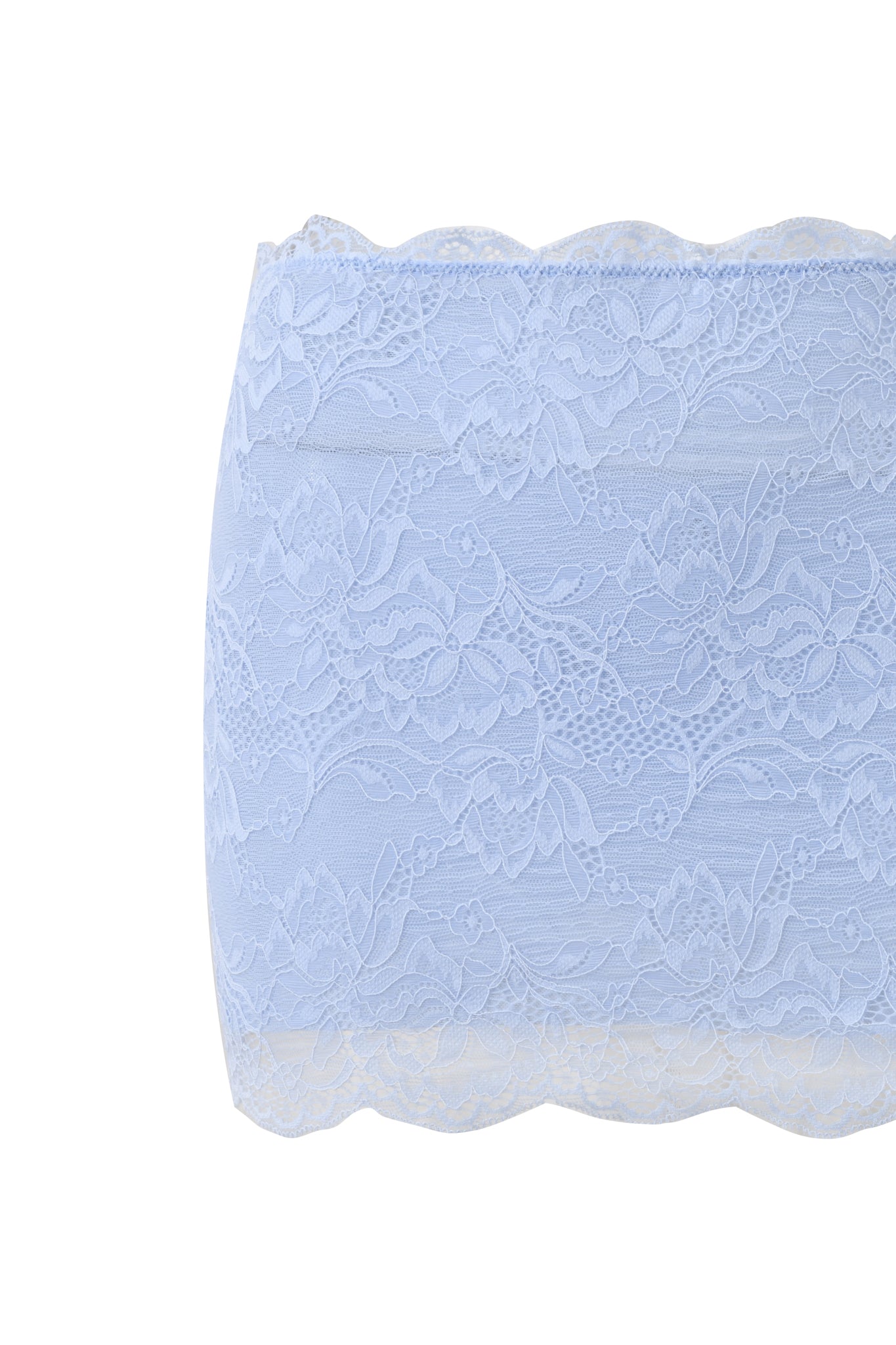 The SALLI LACE MINI SKIRT in baby blue by I.AM.GIA features sheer floral lace with scalloped edges, perfect for a chic mini skirt or swim coverup. Shown laid flat on a white background.