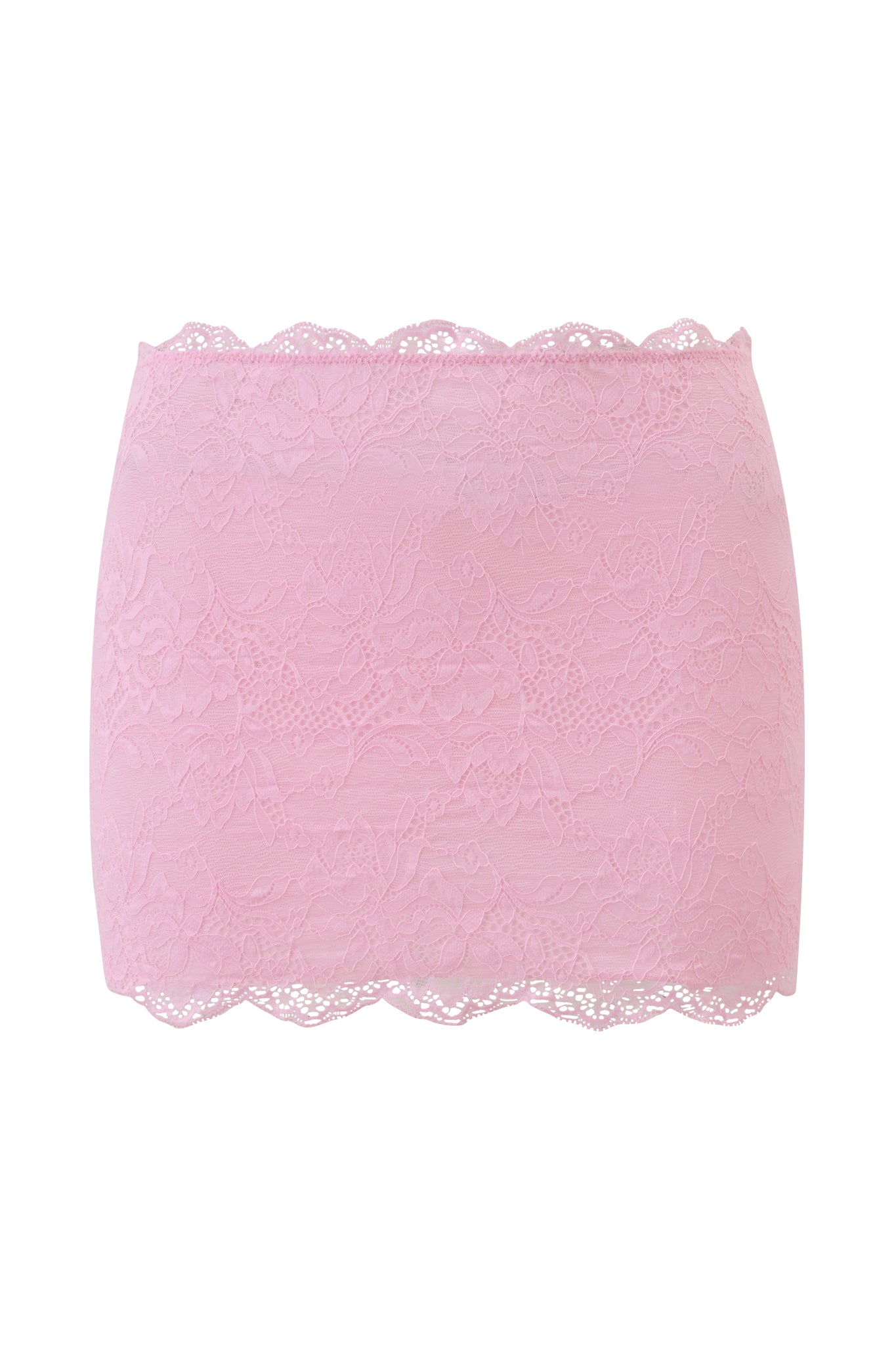 Pair the SALLI LACE MINI SKIRT - BABY PINK by I.AM.GIA with a light pink lace bandeau featuring floral patterns and scalloped edges, perfect for sunny days or as a stylish swim coverup.