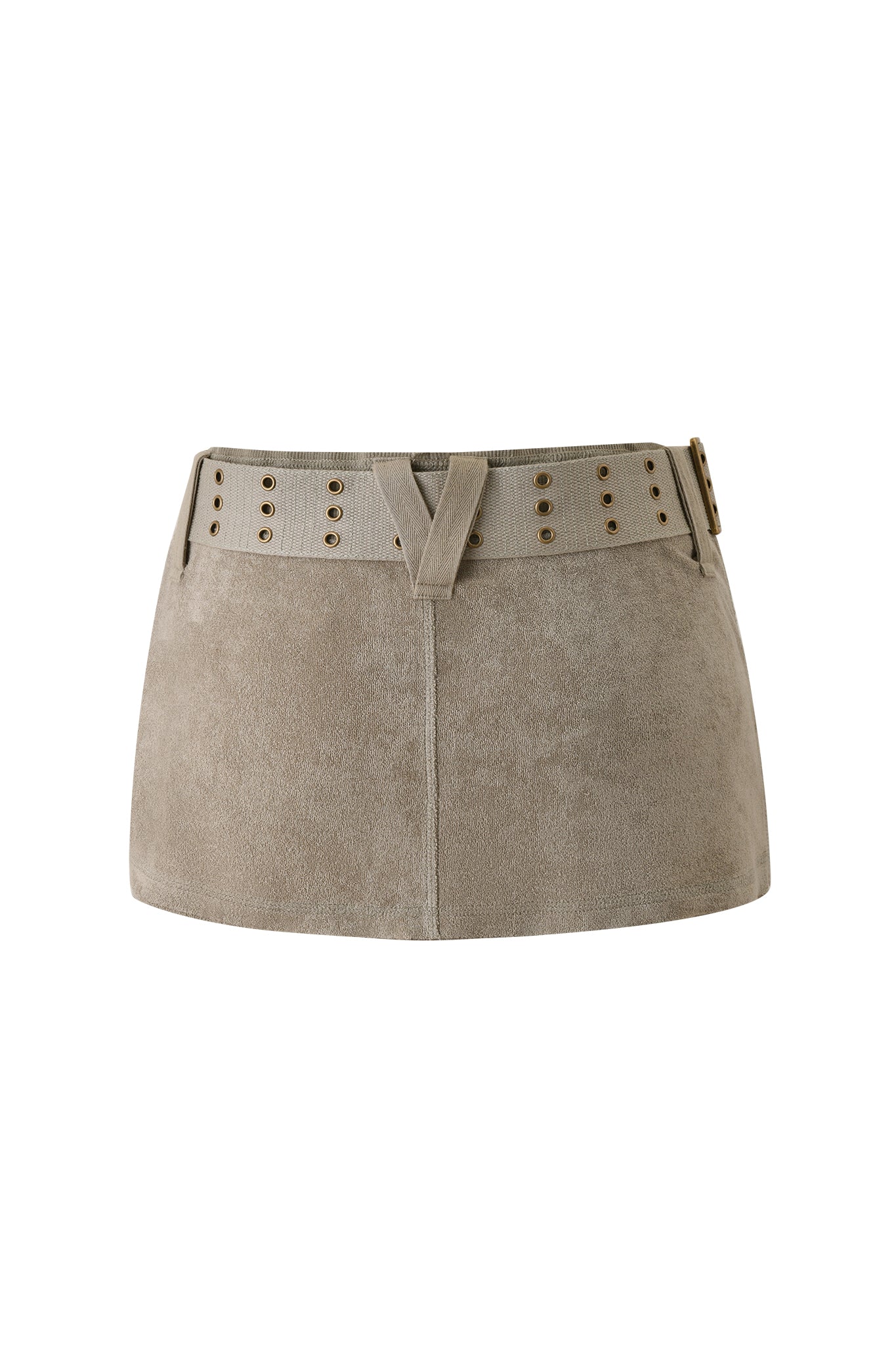 The I.AM.GIA ISSHA TERRY MINI SKIRT in Stone is a beige suede low-rise mini skirt with a matching wide belt featuring gold grommets and a buckle, displayed on a plain white background.