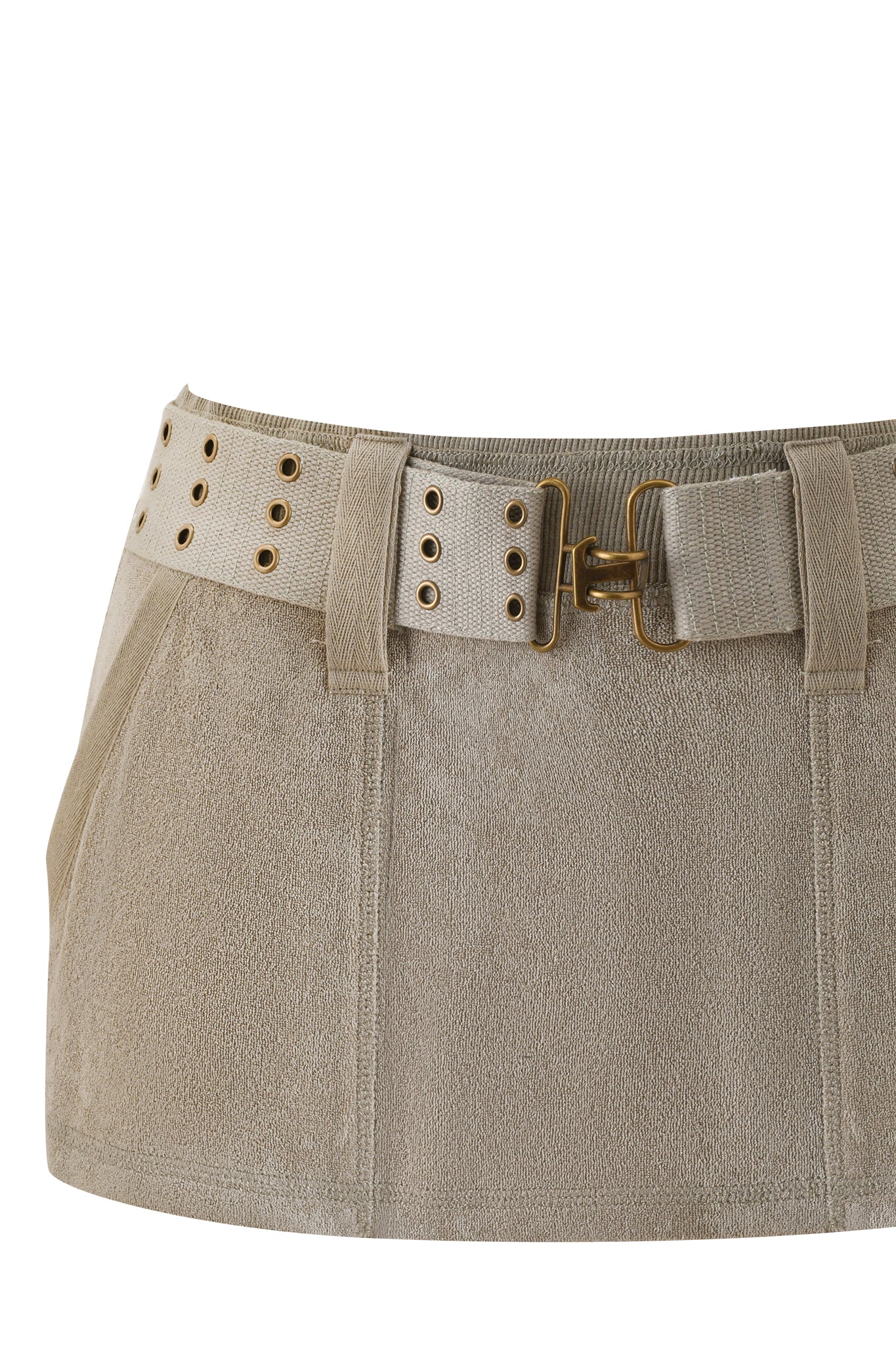 A close-up of the I.AM.GIA ISSHA TERRY MINI SKIRT in stone, a beige suede low-rise mini skirt with side pockets and a matching fabric belt featuring gold-tone grommets and a double buckle at the waist.