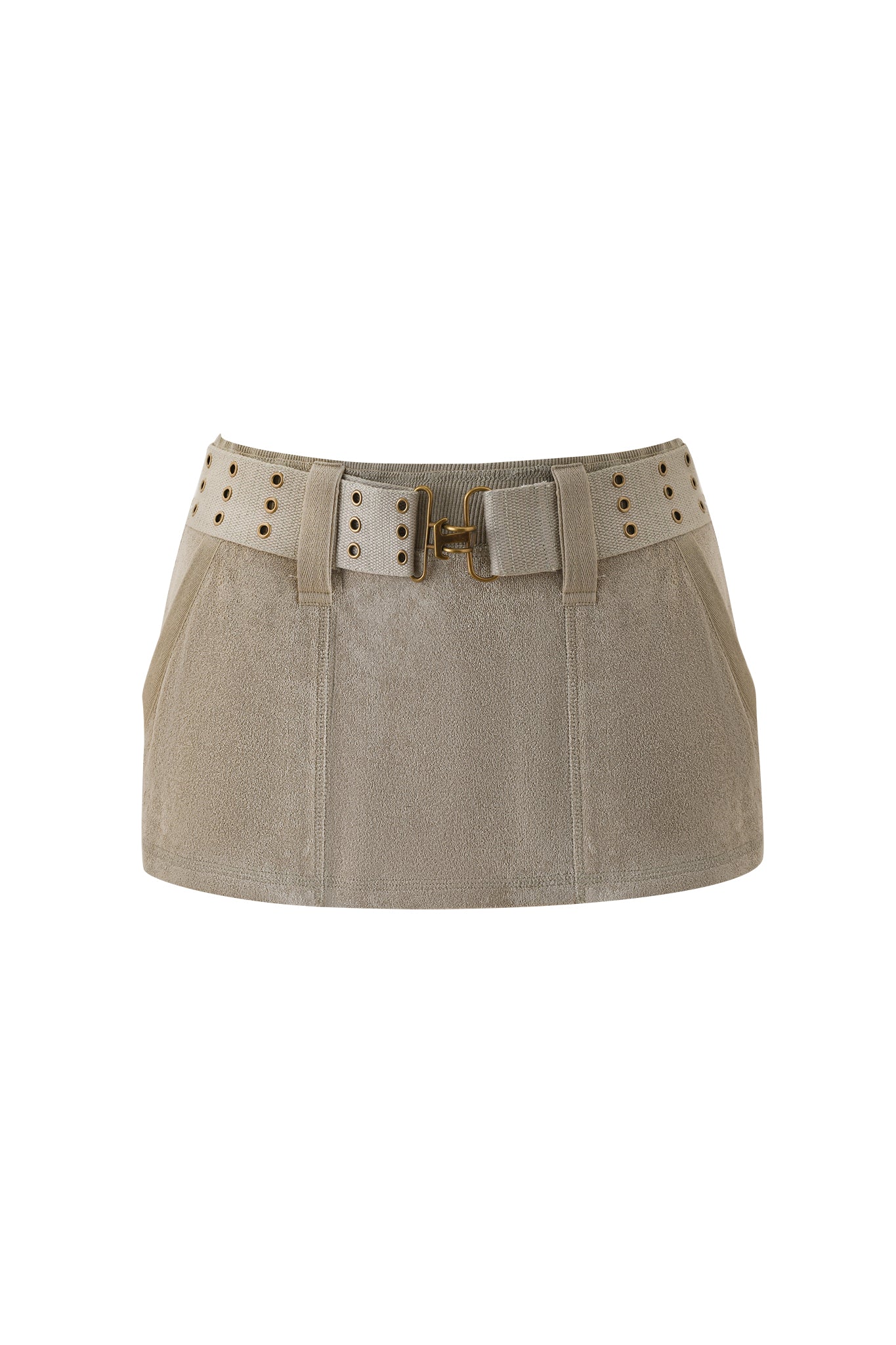 The ISSHA TERRY MINI SKIRT - STONE by I.AM.GIA is a beige suede low-rise mini skirt with a wide matching belt featuring gold studs and a rectangular buckle, shown on a plain white background.