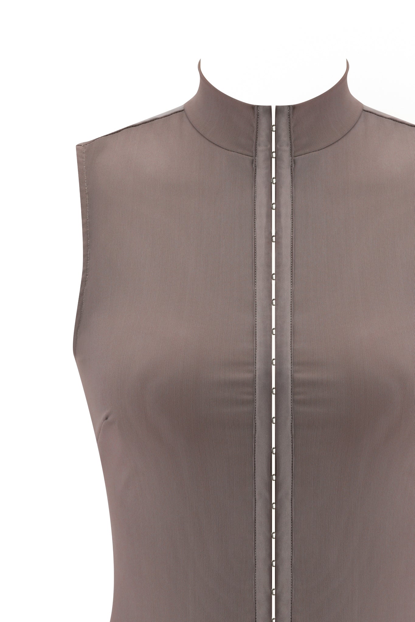 The I.AM.GIA ISELA TANK TOP - MOCHA is a sleeveless, fitted brown mock neck top with a front seam and structured collar, shown on a white background.