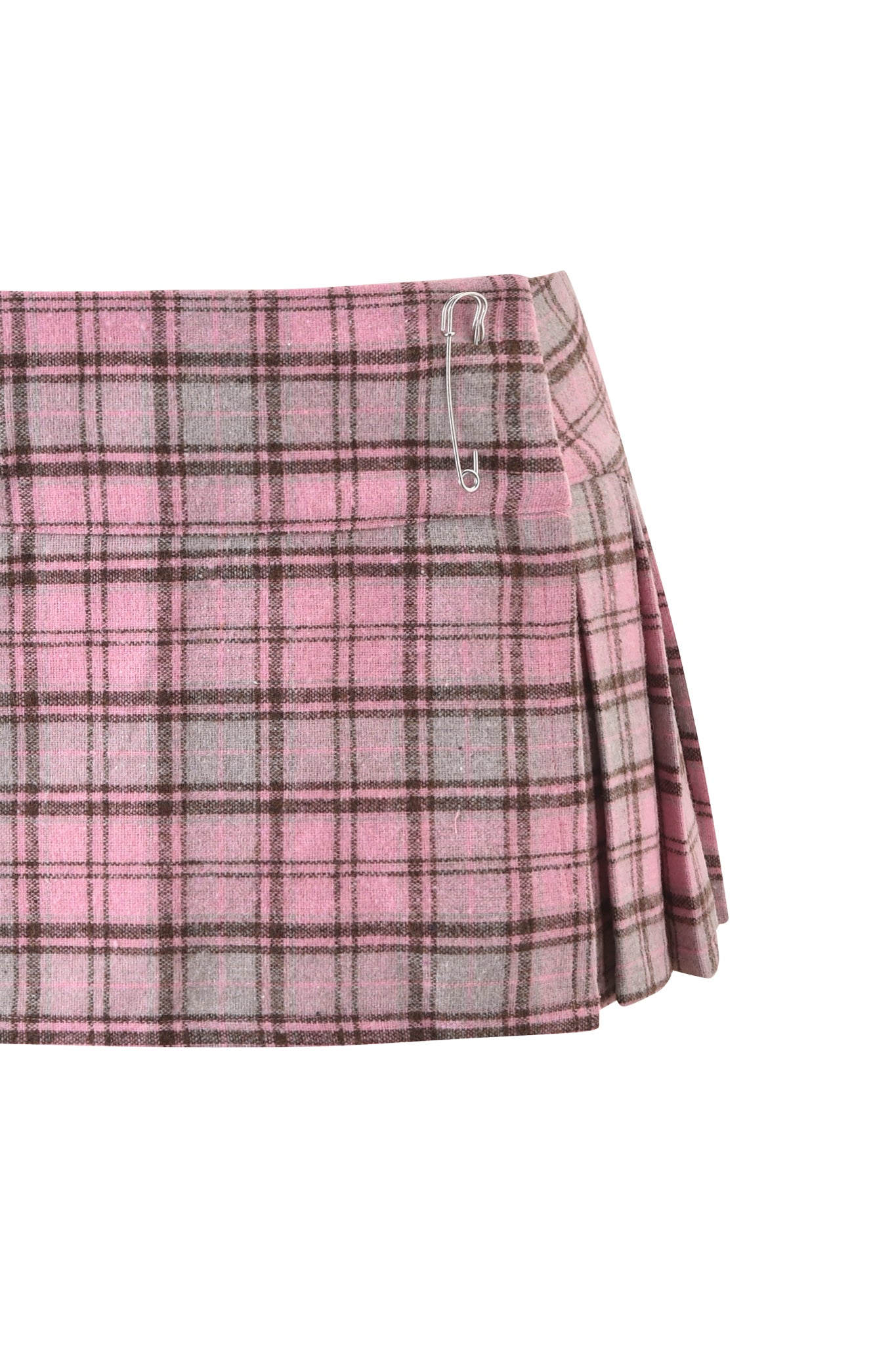 The BETTY MICRO MINI SKIRT by I.AM.GIA features a pink plaid pattern, low-rise flannel style, pleated micro mini fit, a silver safety pin on the left side, and is crafted from a soft wool-like fabric.