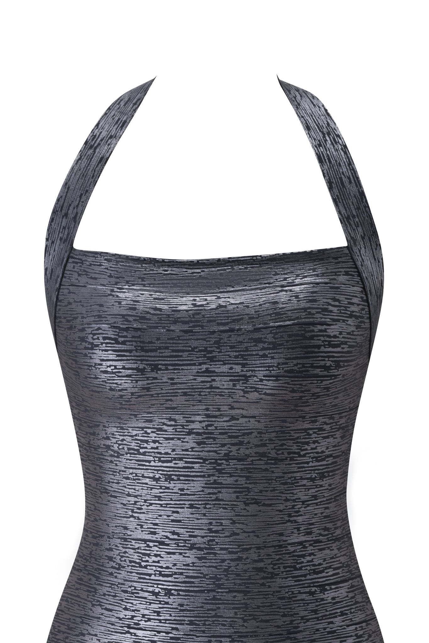 A close-up of the I.AM.GIA AIDEN PLATINUM BANDAGE MINI DRESS in charcoal, featuring a metallic silver hue with a halter-neck design and a textured, horizontal striped pattern, displayed on a white background.