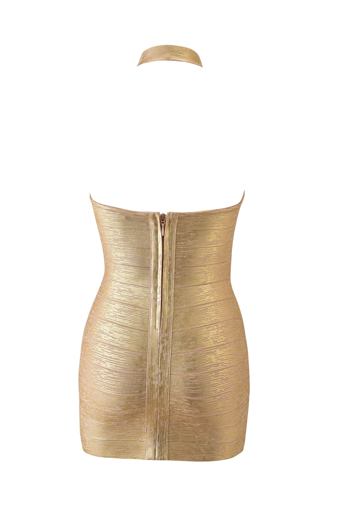 The I.AM.GIA AIDEN PLATINUM BANDAGE MINI DRESS in gold is shown from the back, highlighting its fitted textured bodycon design and a visible center zipper.