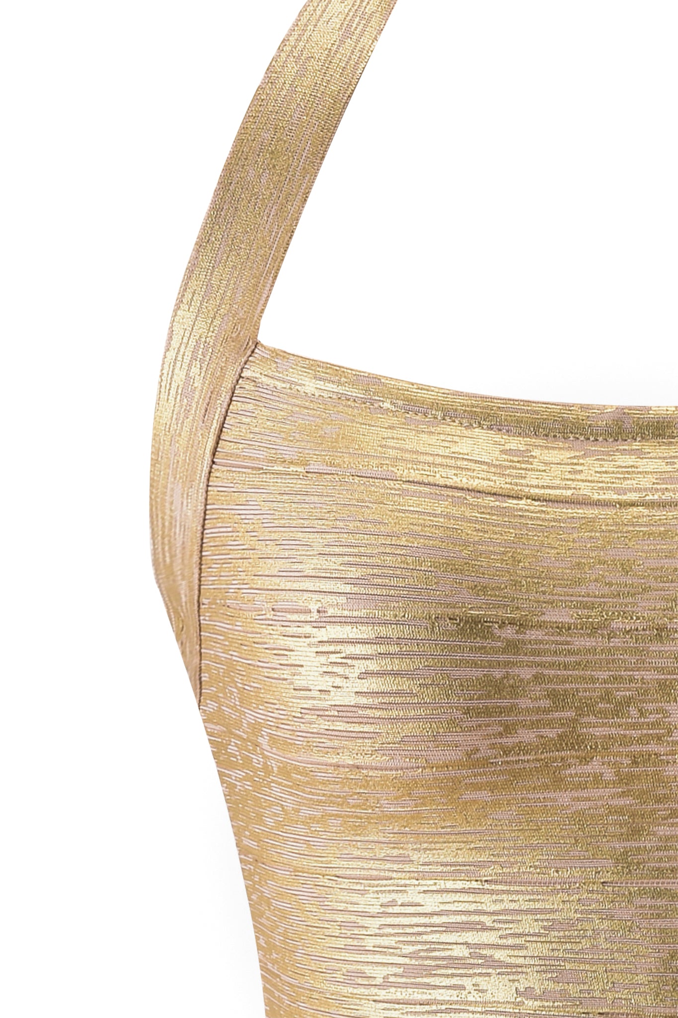 Close-up of the I.AM.GIA AIDEN PLATINUM BANDAGE MINI DRESS in gold, showcasing its chic silhouette, textured fabric, subtle metallic sheen, and wide shoulder strap.