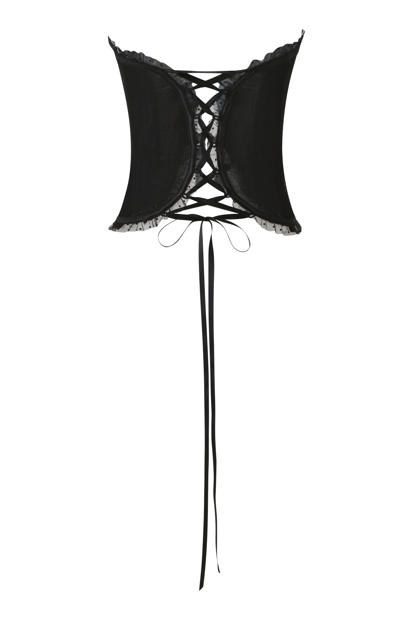 The CIRA CORSET - BLACK by I.AM.GIA features ribbon ties and ruffled trim, shown from the back against a white background. Long ribbons fall from the lacing, highlighting the delicate ruffles.