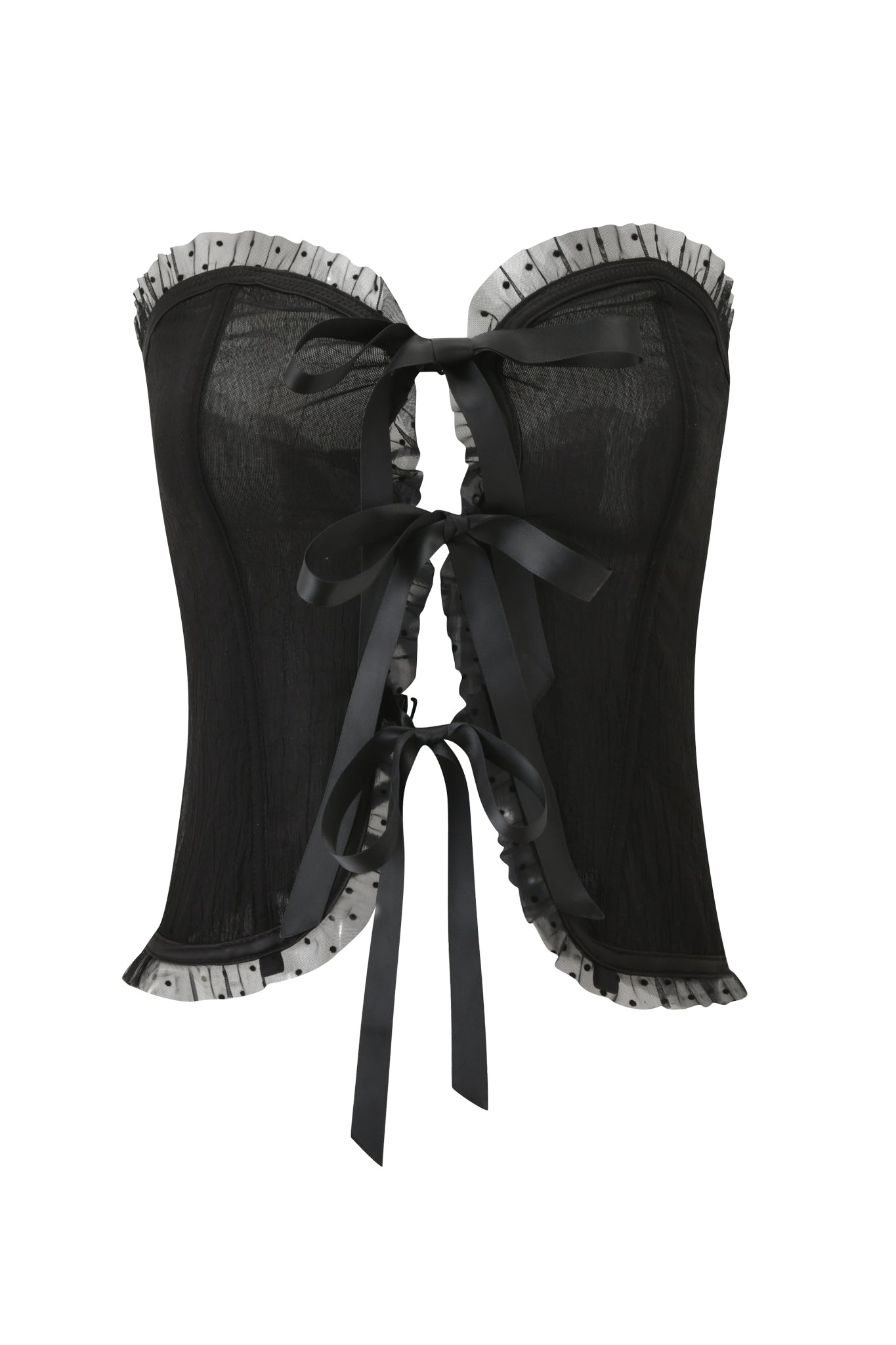 The CIRA CORSET - BLACK by I.AM.GIA is a strapless corset with a sweetheart neckline, white ruffled trim, and black satin ribbon ties at the front, shown against a white background.