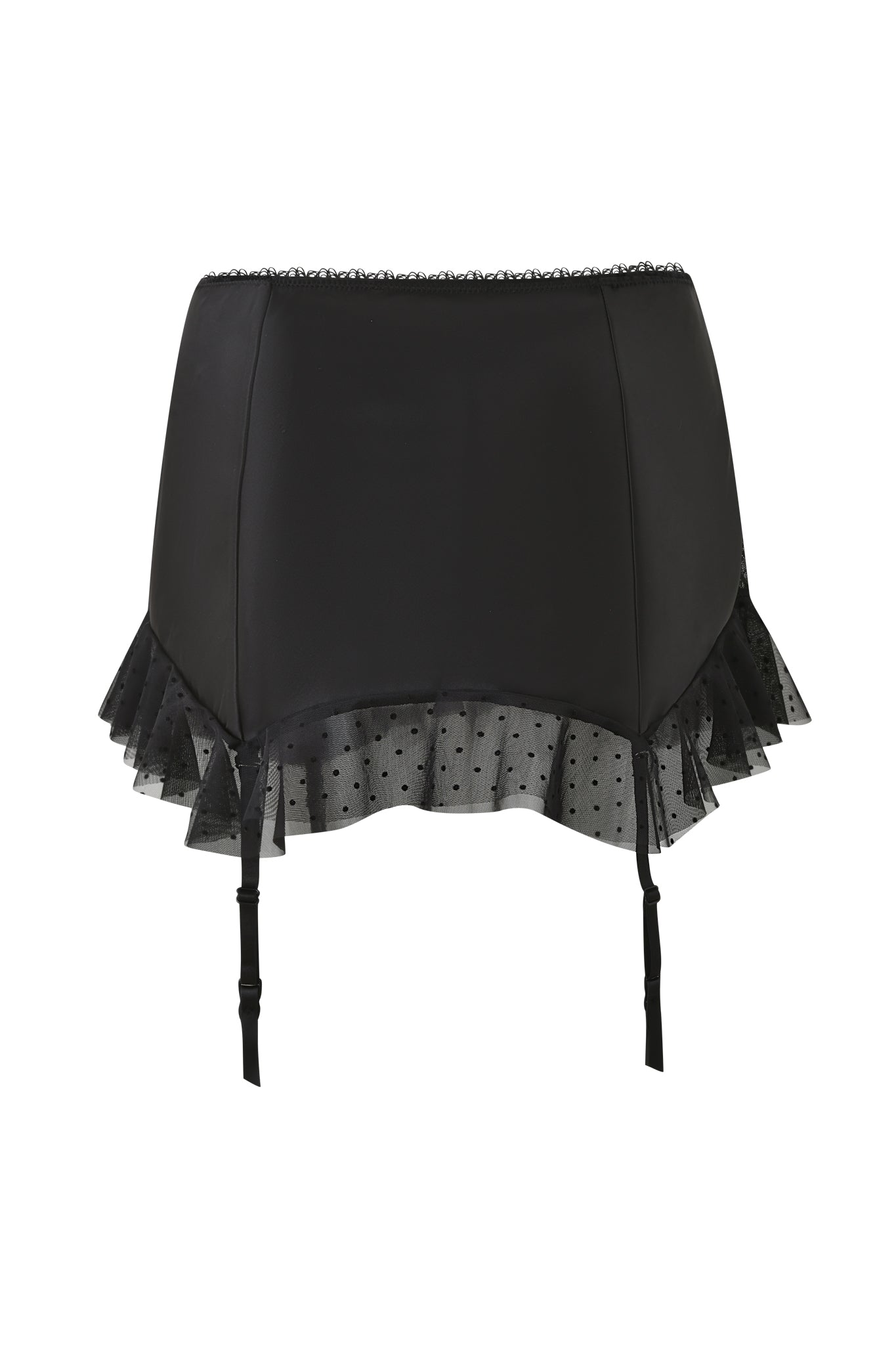 The I.AM.GIA CIRA GARTER MINI SKIRT in black features a sheer polka dot ruffle trim on satin, creating a lace garter skirt look with adjustable garter straps elegantly draping in the front.